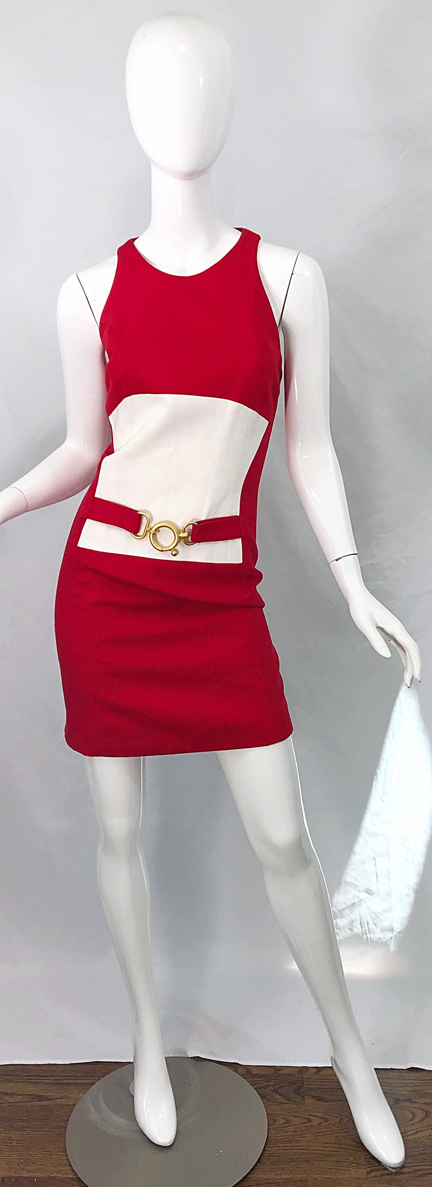 1990s Linda Segal Size 10 12 Red White Colorblock Pique Cotton Vintage 90s Dress For Sale 6