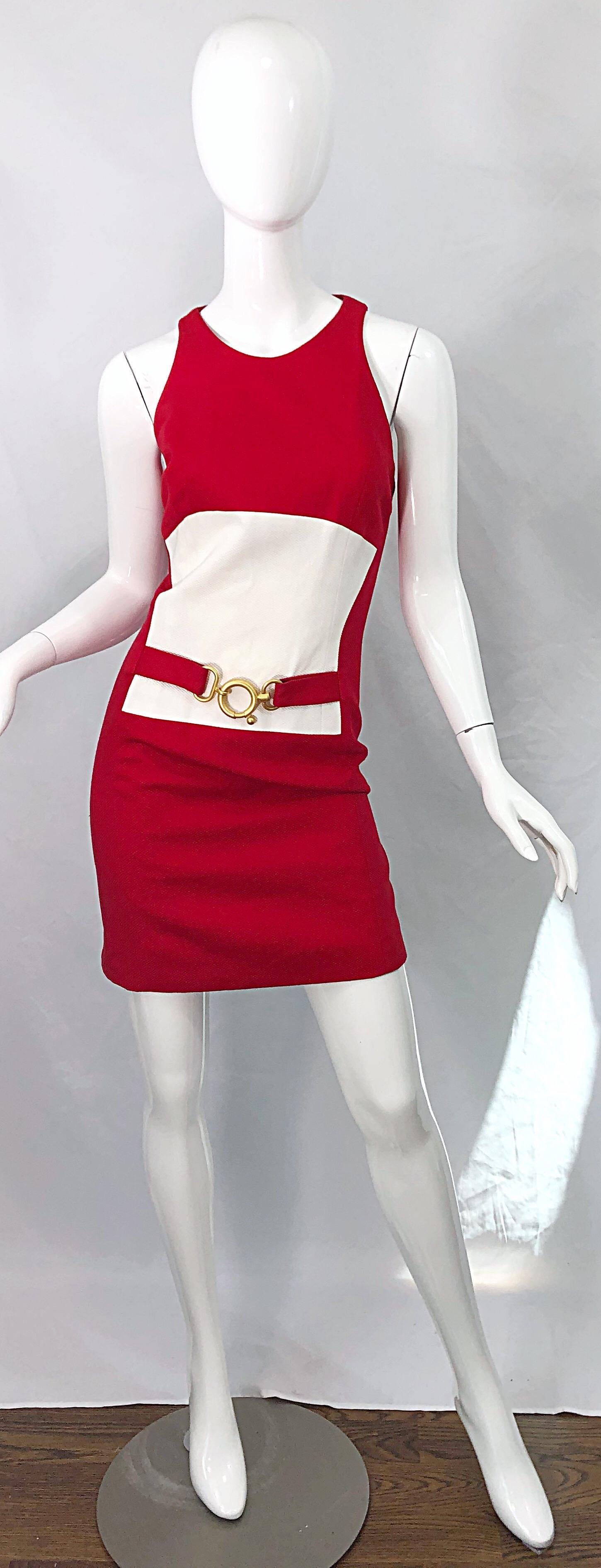 Stylish and flattering early 90s LINDA SEGAL lipstick red and white colorblocked pique cotton sleeveless nautical sheath dress ! Linda Segal pieces were often worn by Fran Fine, played by Fran Drescher in the 1990s. 

Features a lipstick red body