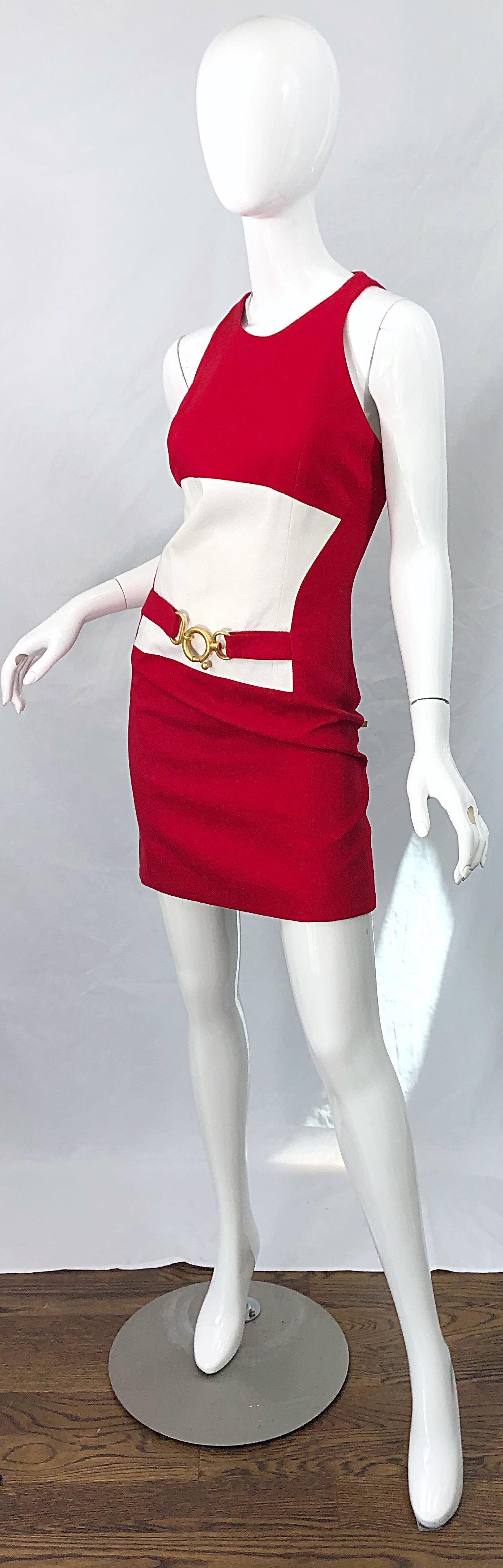 1990er Linda Segal Größe 12 Rot + Weiß Colorblock Pique Vintage 90er Kleid aus Baumwolle im Angebot 1