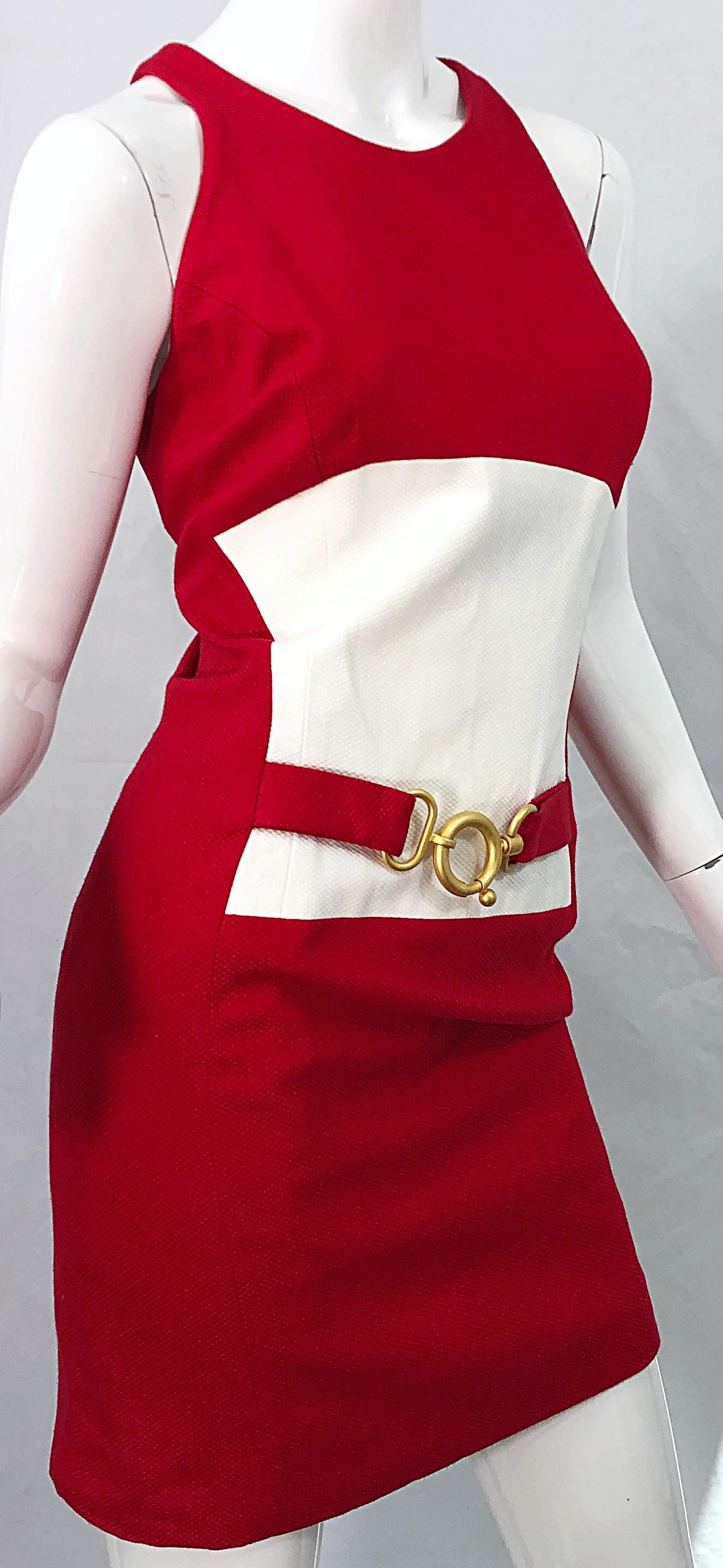 1990er Linda Segal Größe 12 Rot + Weiß Colorblock Pique Vintage 90er Kleid aus Baumwolle im Angebot 2