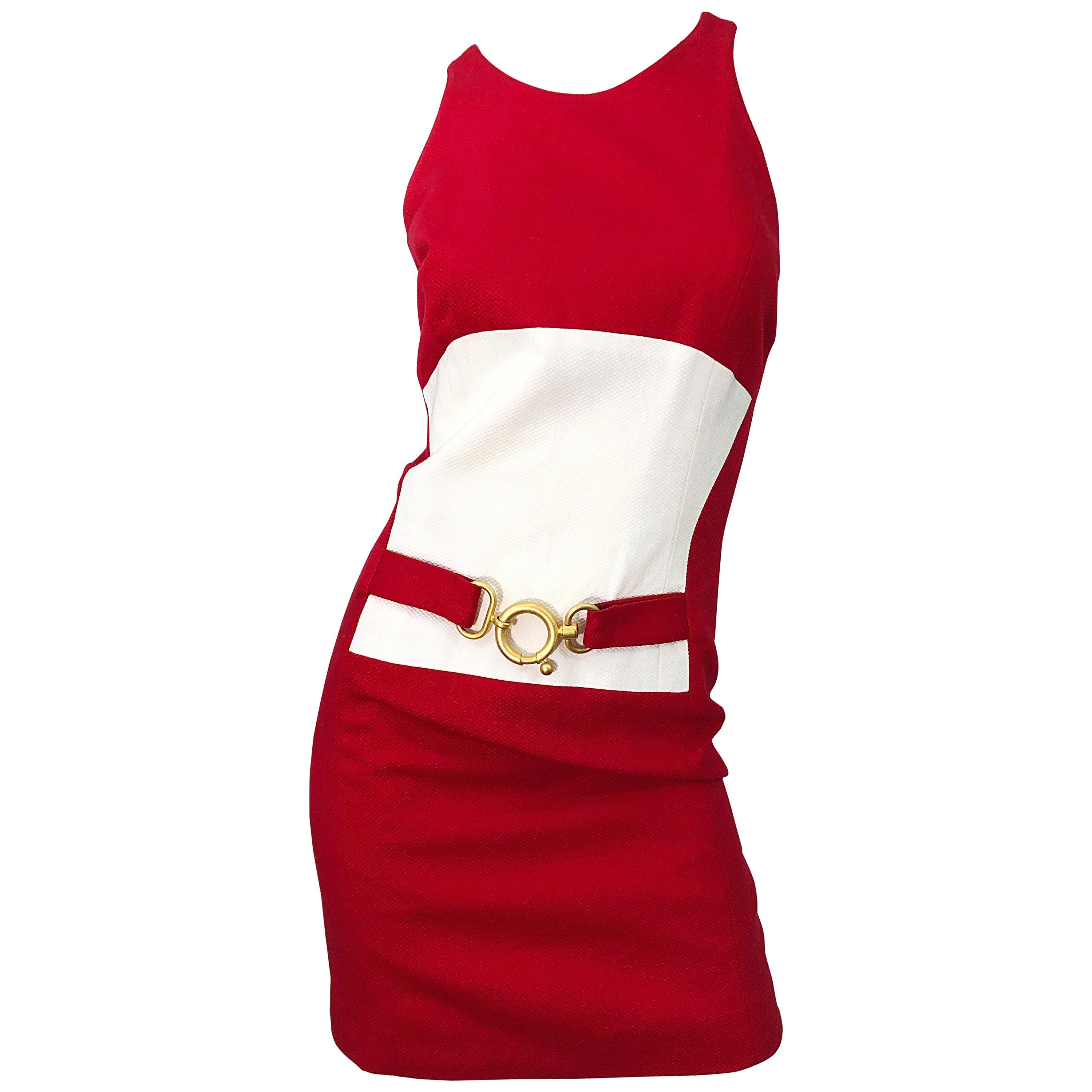 1990s Linda Segal Size 10 12 Red White Colorblock Pique Cotton Vintage 90s Dress For Sale