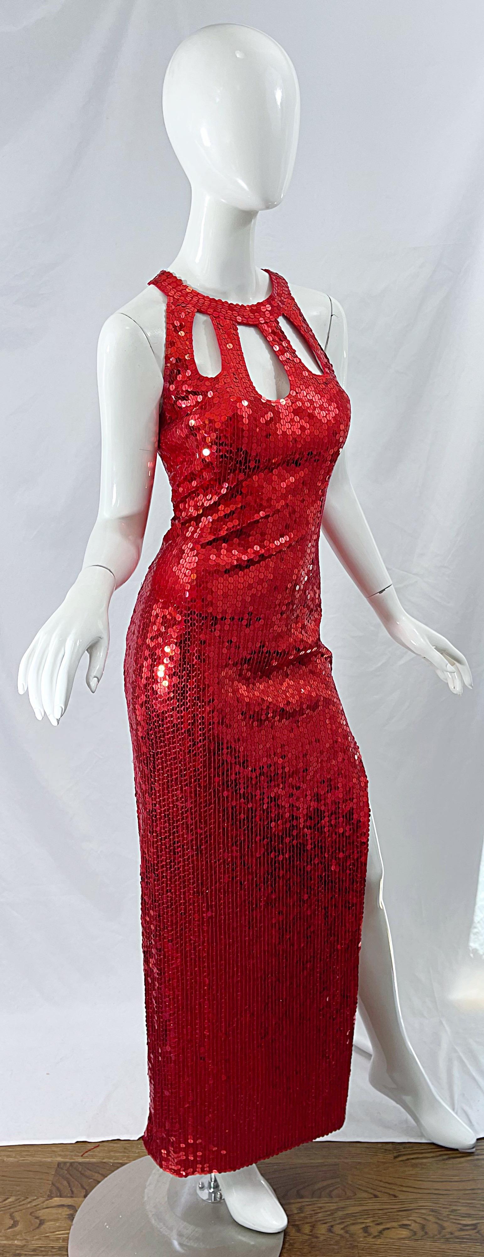 1990s Lipstick Red Sequin Size 10 Sexy Cut Out Vintage 90s Evening Gown Dress For Sale 3