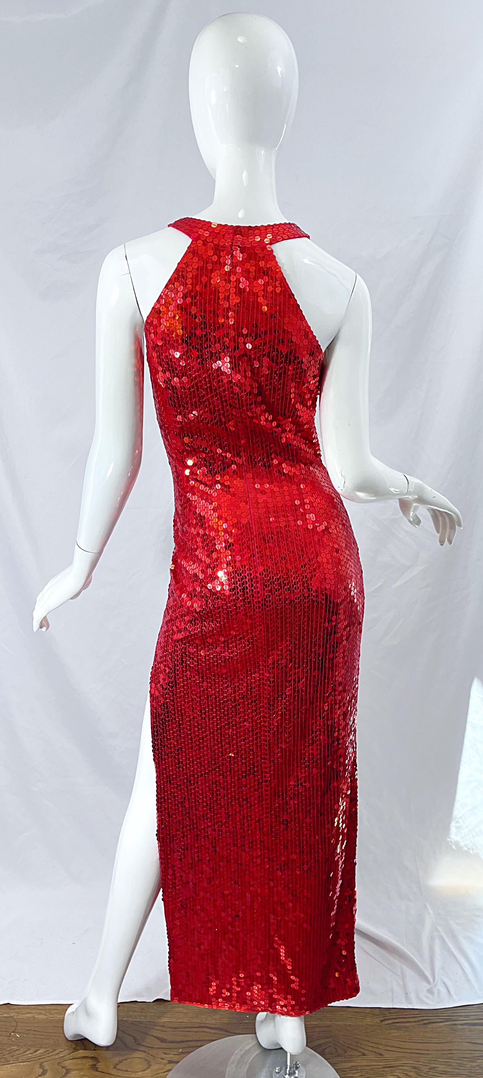 1990s Lipstick Red Sequin Size 10 Sexy Cut Out Vintage 90s Evening Gown Dress For Sale 4
