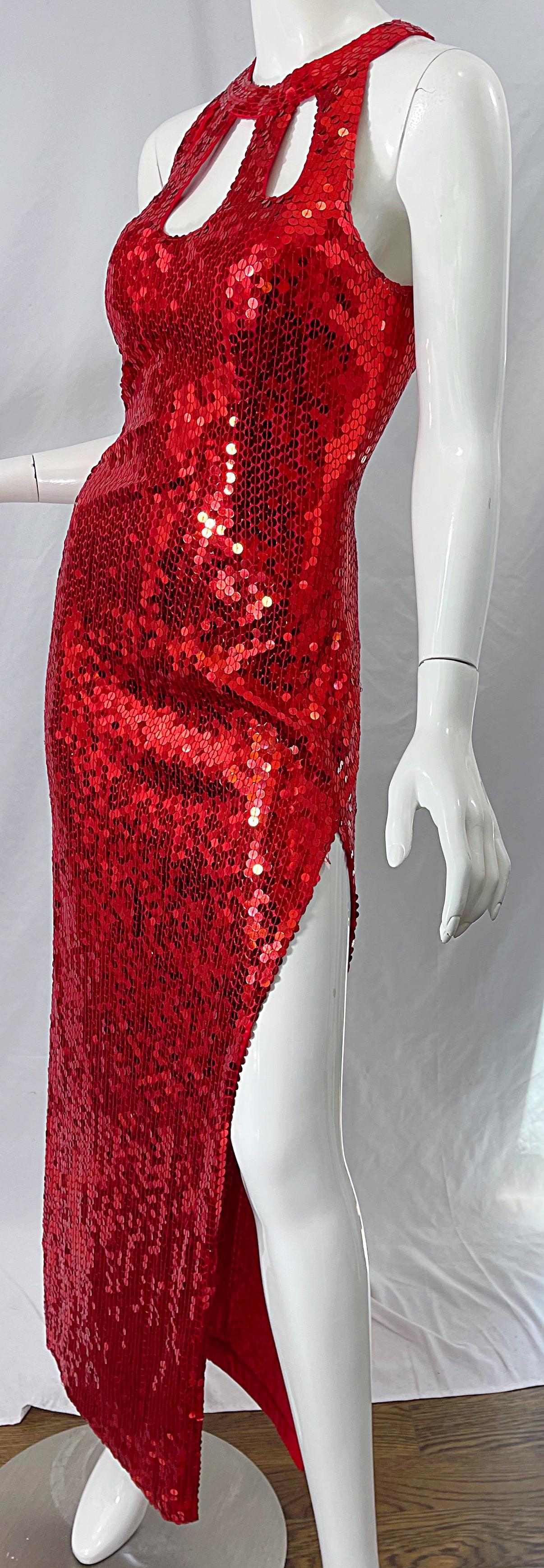 1990s Lipstick Red Sequin Size 10 Sexy Cut Out Vintage 90s Evening Gown Dress For Sale 5