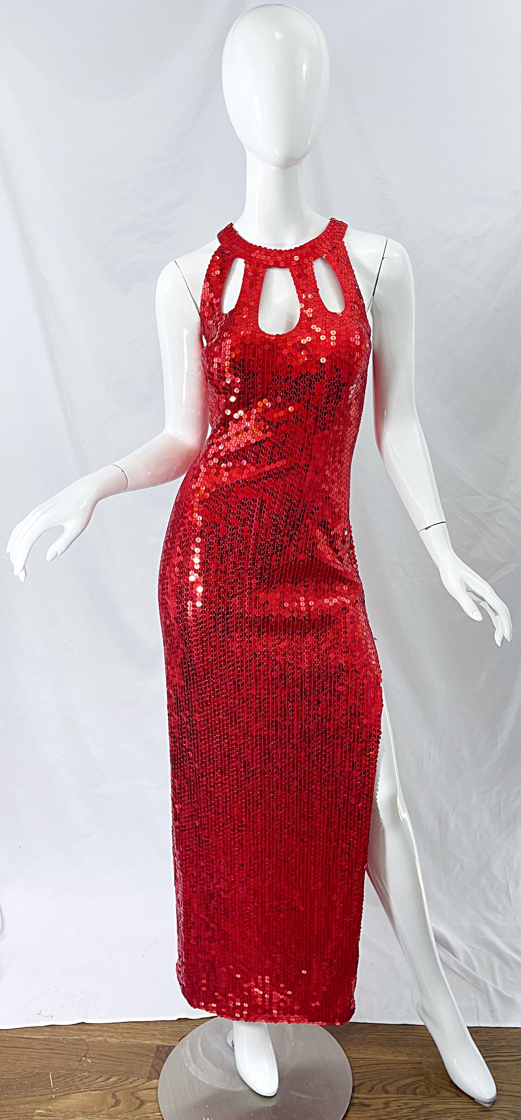 1990s Lipstick Red Sequin Size 10 Sexy Cut Out Vintage 90s Evening Gown Dress For Sale 6