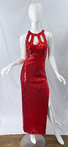 1990s Lipstick Red Sequin Size 10 Sexy Cut Out Vintage 90s Evening Gown Dress