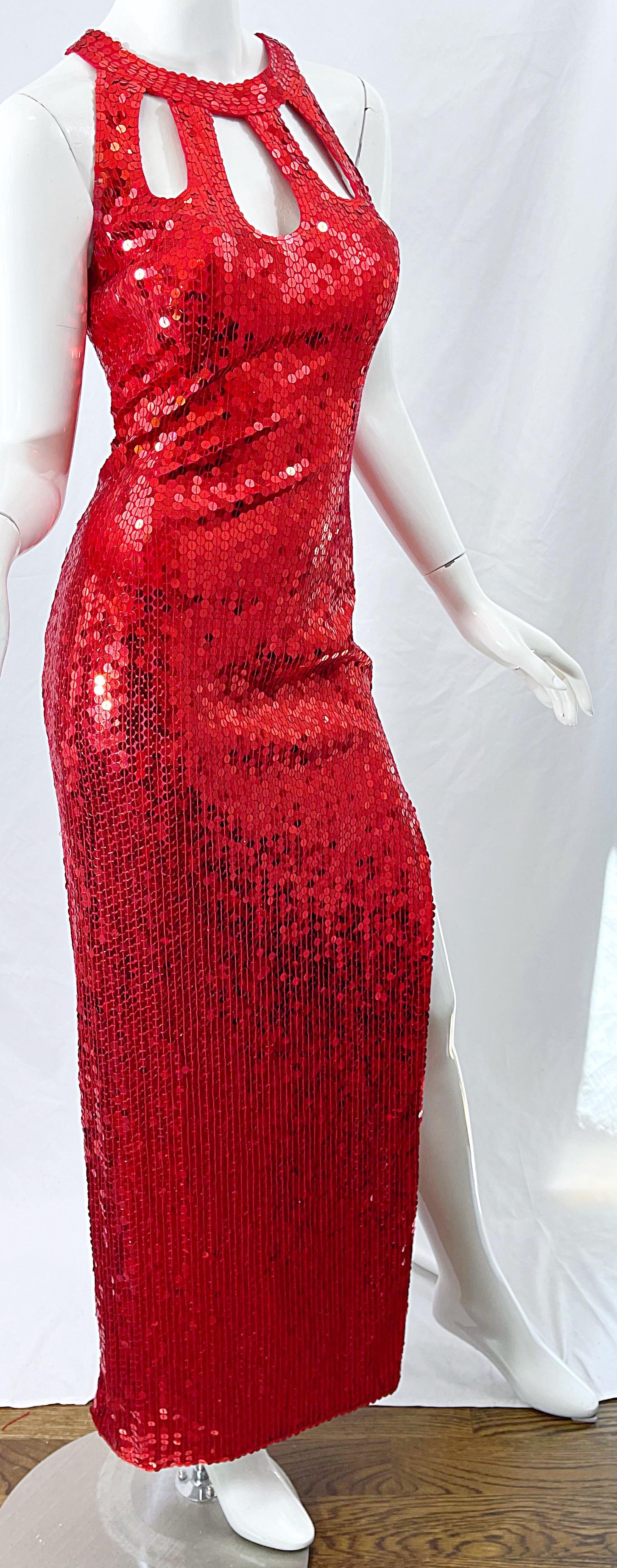 1990s Lipstick Red Sequin Size 10 Sexy Cut Out Vintage 90s Evening Gown Dress In Excellent Condition For Sale In San Diego, CA