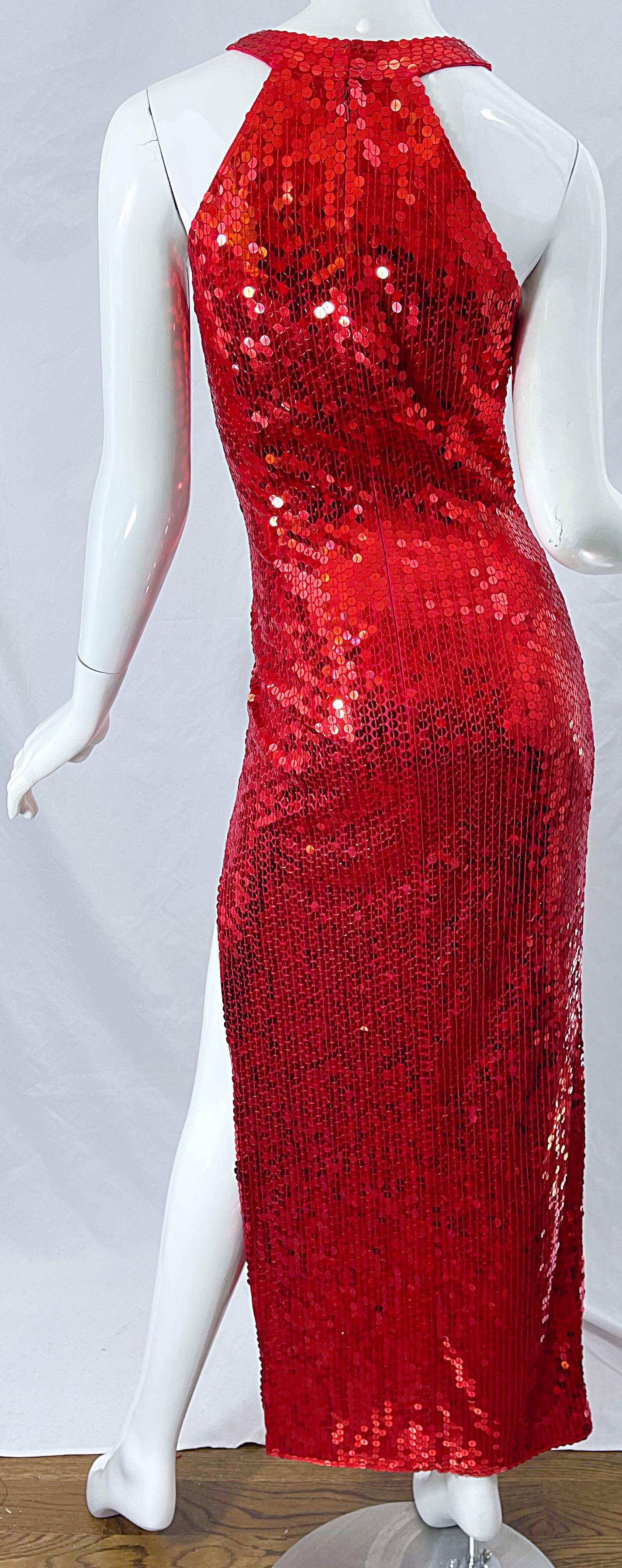 Women's 1990s Lipstick Red Sequin Size 10 Sexy Cut Out Vintage 90s Evening Gown Dress For Sale