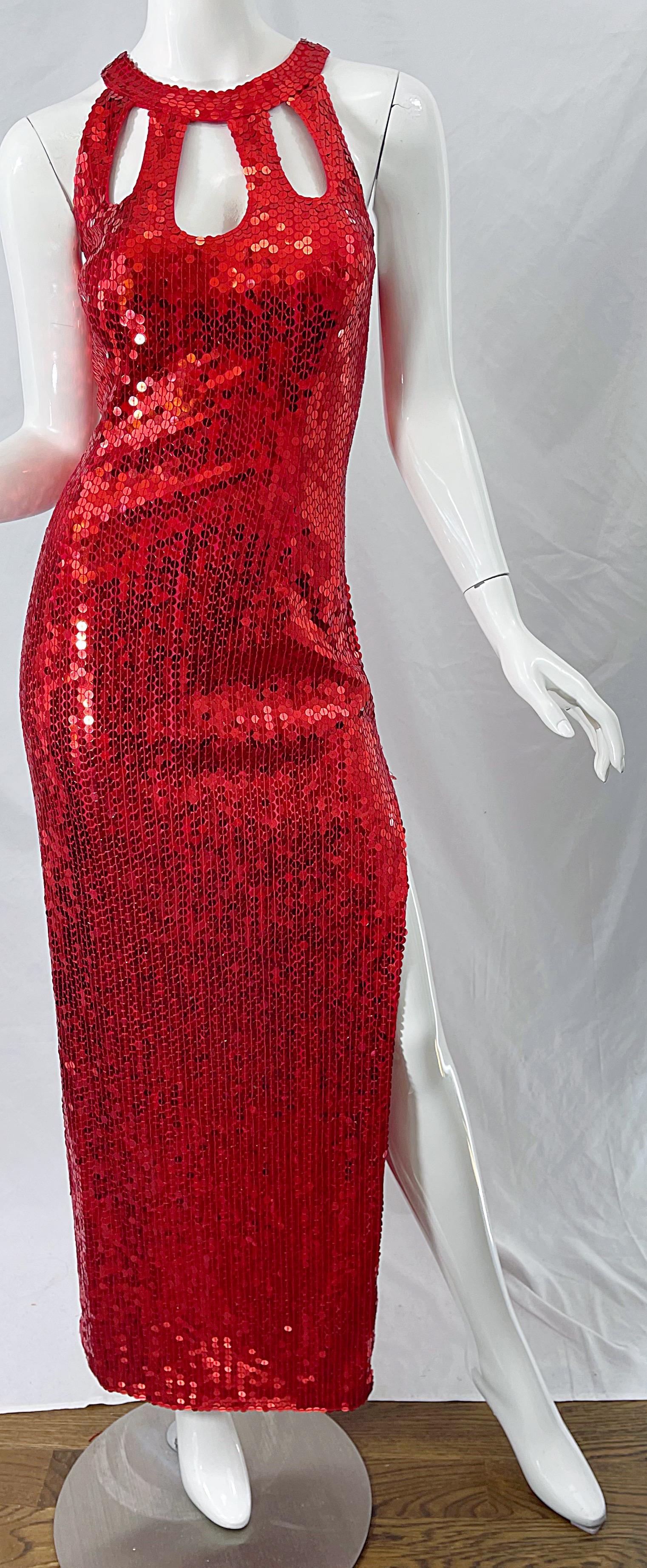 1990s Lipstick Red Sequin Size 10 Sexy Cut Out Vintage 90s Evening Gown Dress For Sale 1