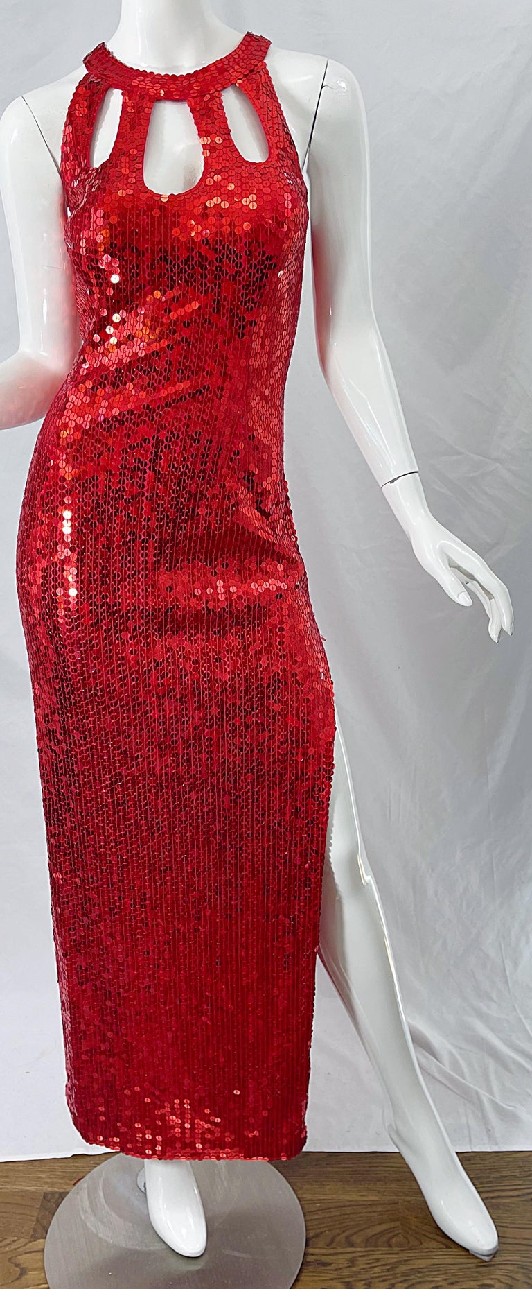 1990s Lipstick Red Sequin Size 10 Sexy Cut Out Vintage 90s Evening Gown ...