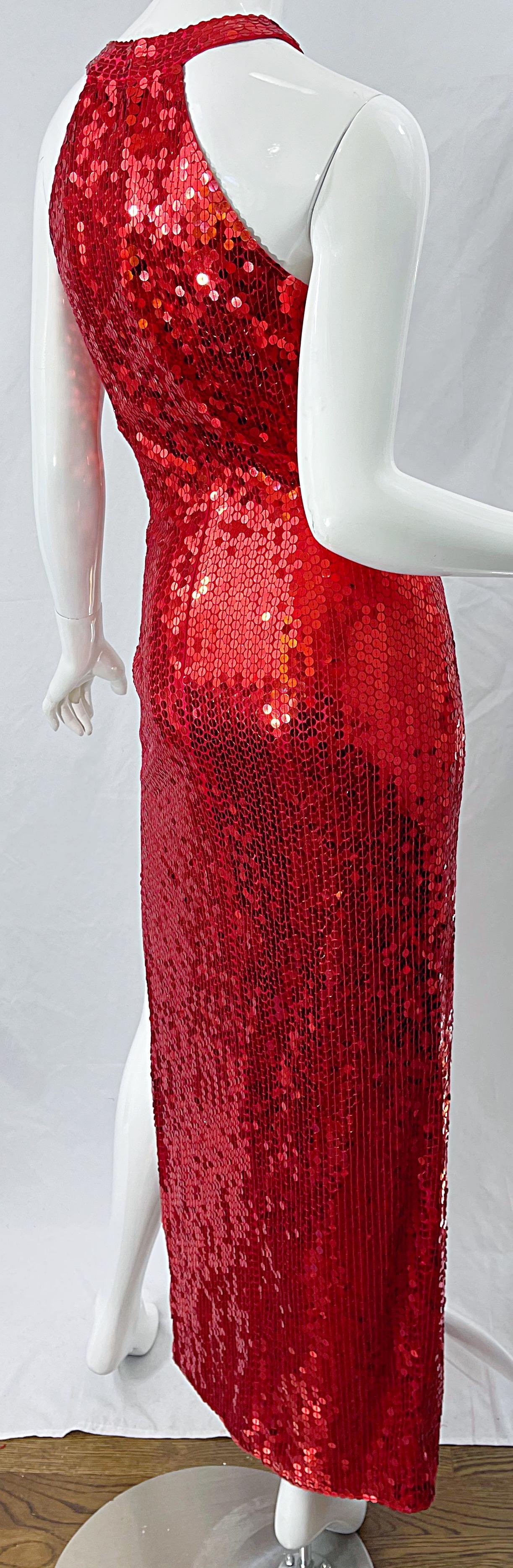 1990s Lipstick Red Sequin Size 10 Sexy Cut Out Vintage 90s Evening Gown Dress For Sale 2