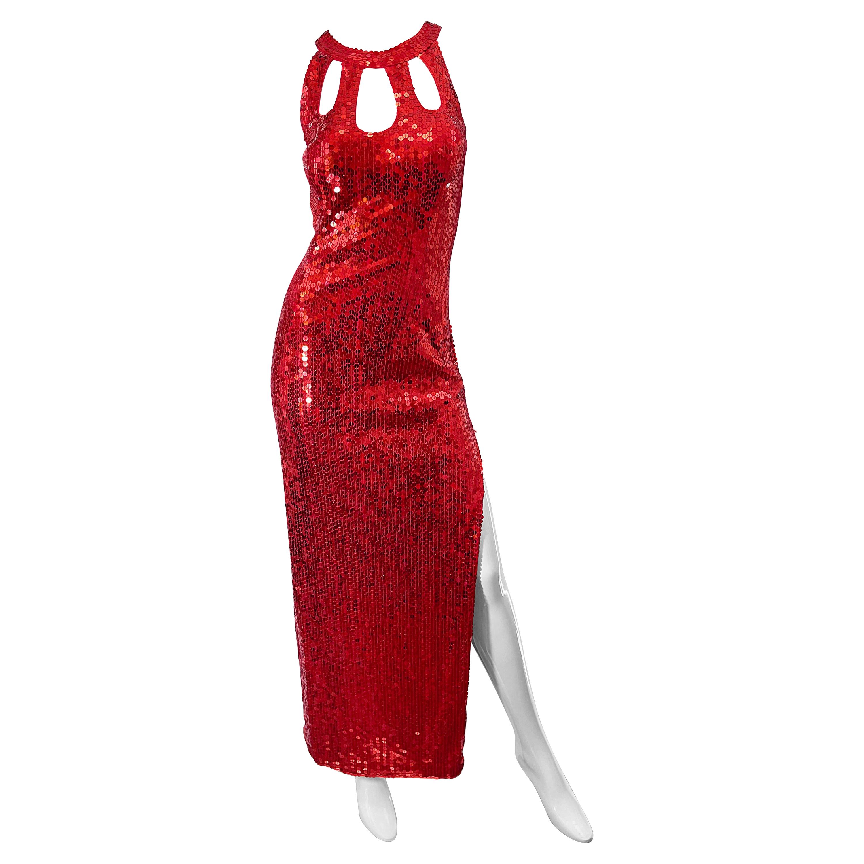 1990s Lipstick Red Sequin Size 10 Sexy Cut Out Vintage 90s Evening Gown Dress
