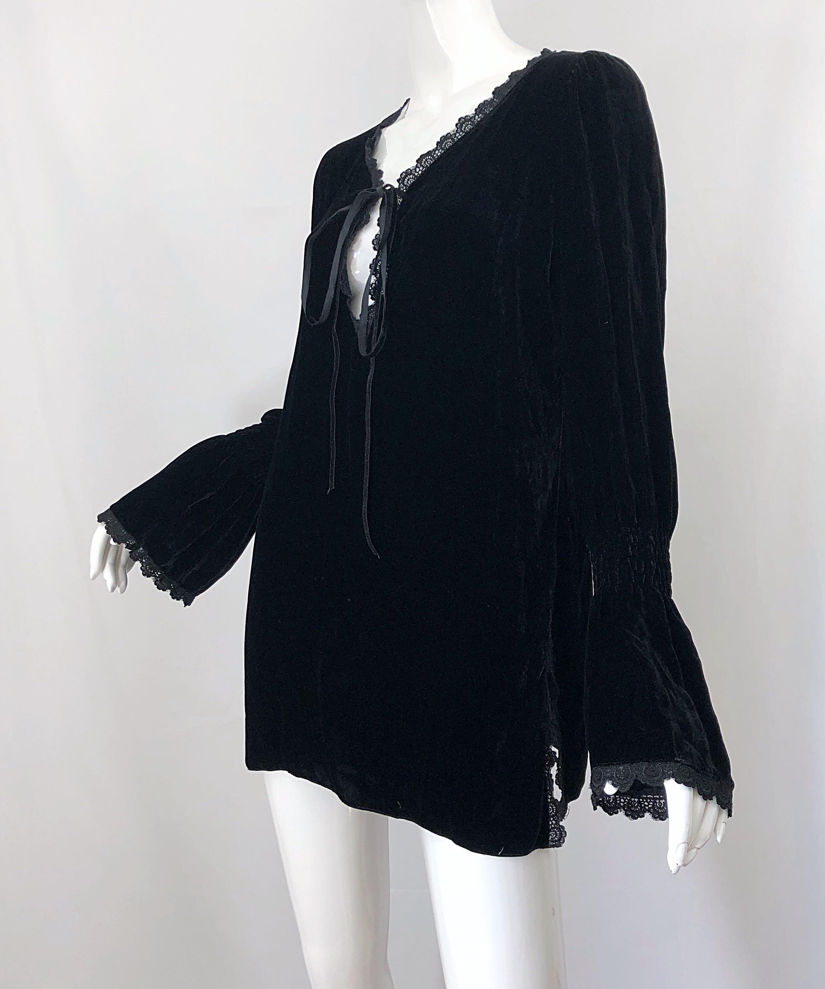 1990s Liz Jacobsson Paris Black Silk Velvet Poet Sleeve Tunic Top 90s Mini Dress 5