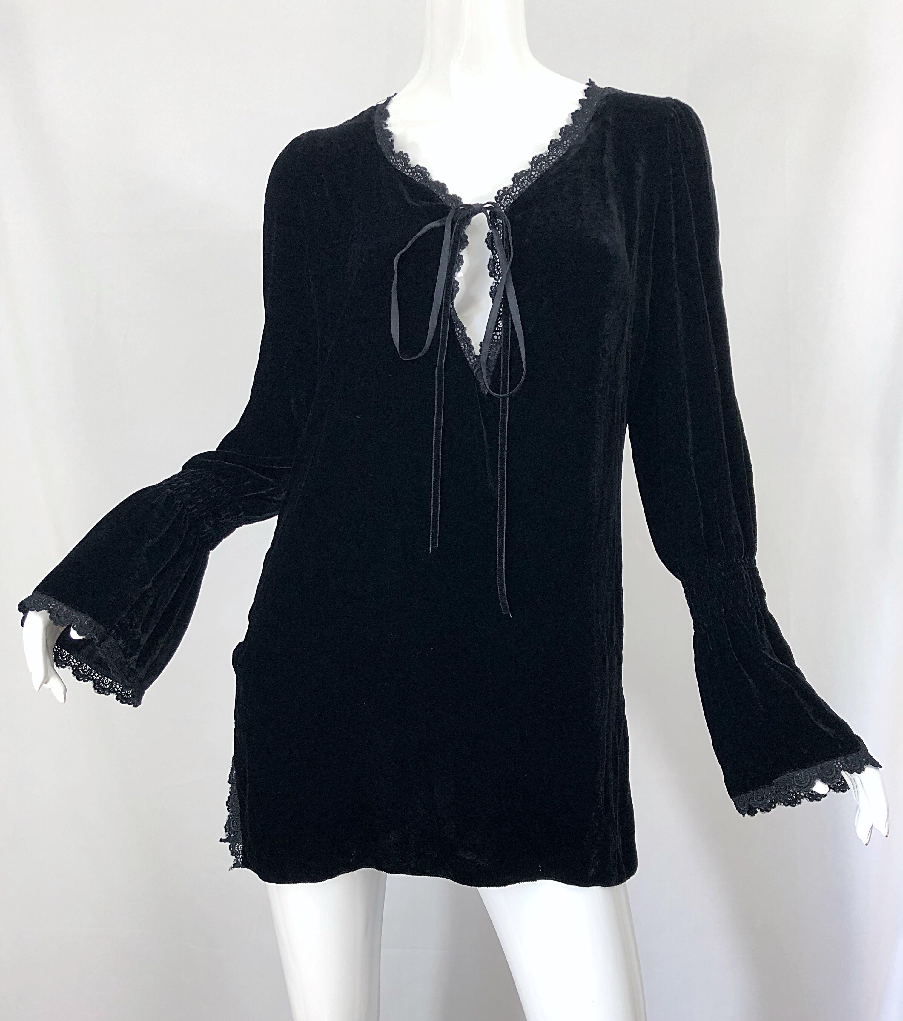 1990s Liz Jacobsson Paris Black Silk Velvet Poet Sleeve Tunic Top 90s Mini Dress 6