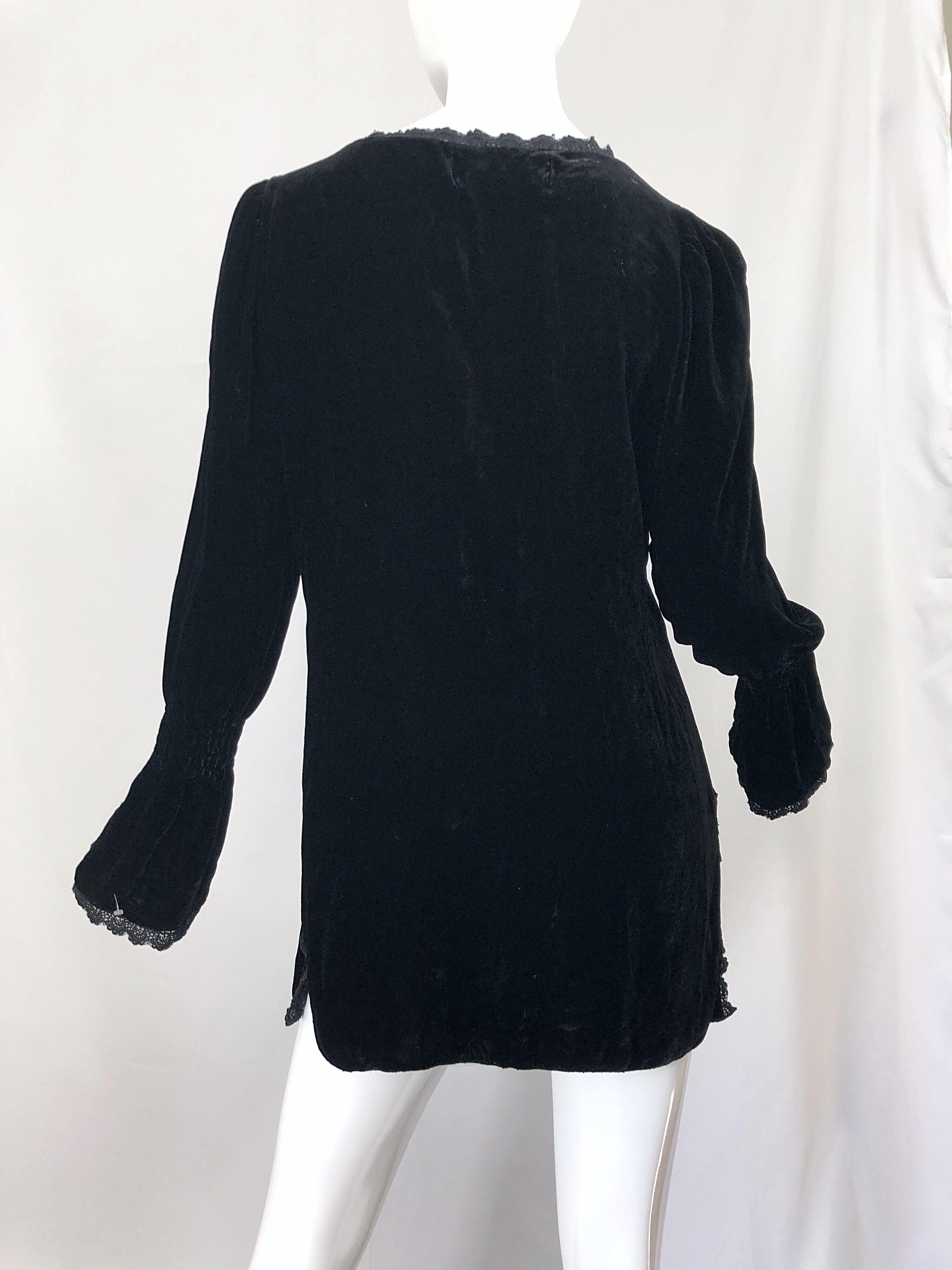 1990s Liz Jacobsson Paris Black Silk Velvet Poet Sleeve Tunic Top 90s Mini Dress 7