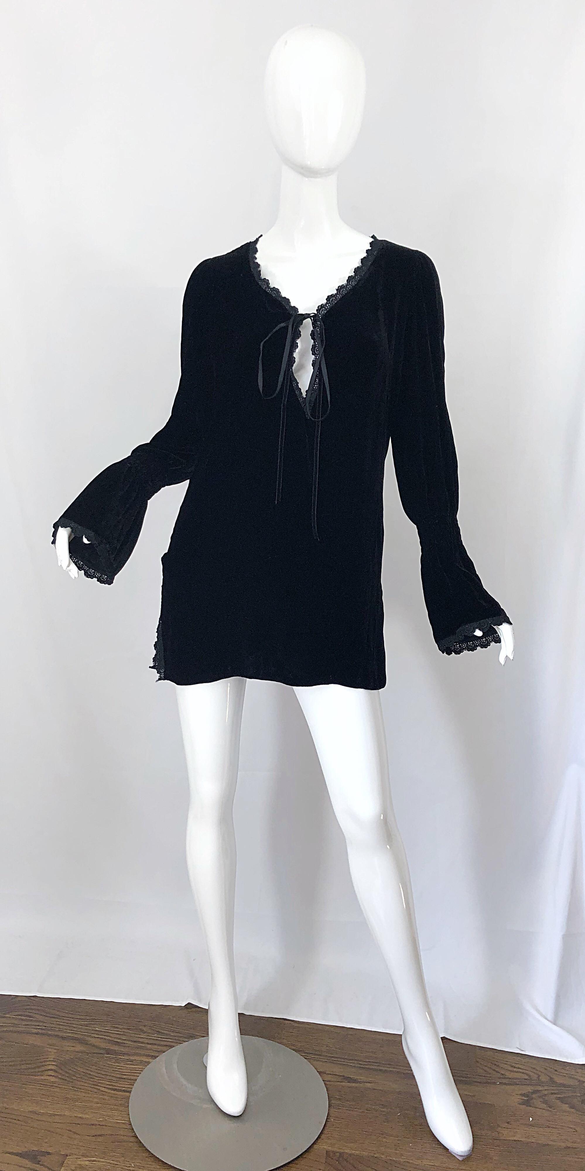 1990s Liz Jacobsson Paris Black Silk Velvet Poet Sleeve Tunic Top 90s Mini Dress 8