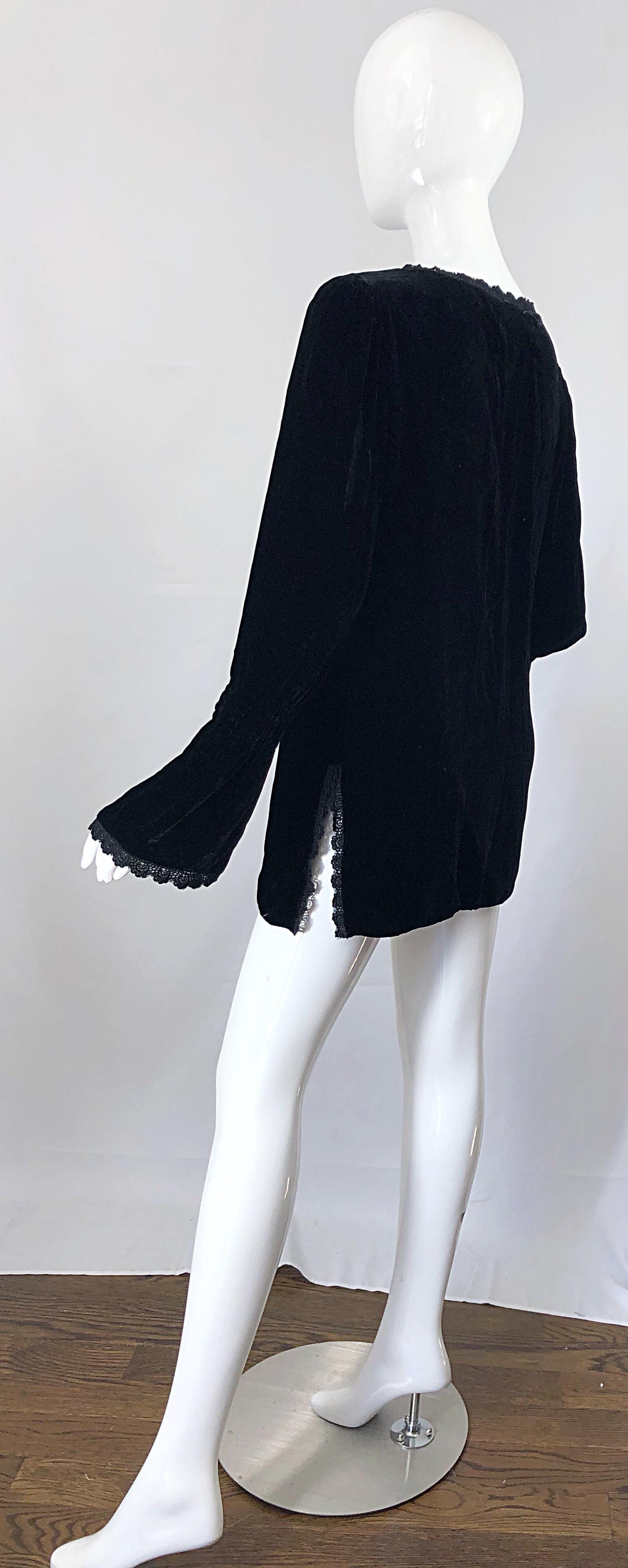 1990s Liz Jacobsson Paris Black Silk Velvet Poet Sleeve Tunic Top 90s Mini Dress In Excellent Condition In San Diego, CA
