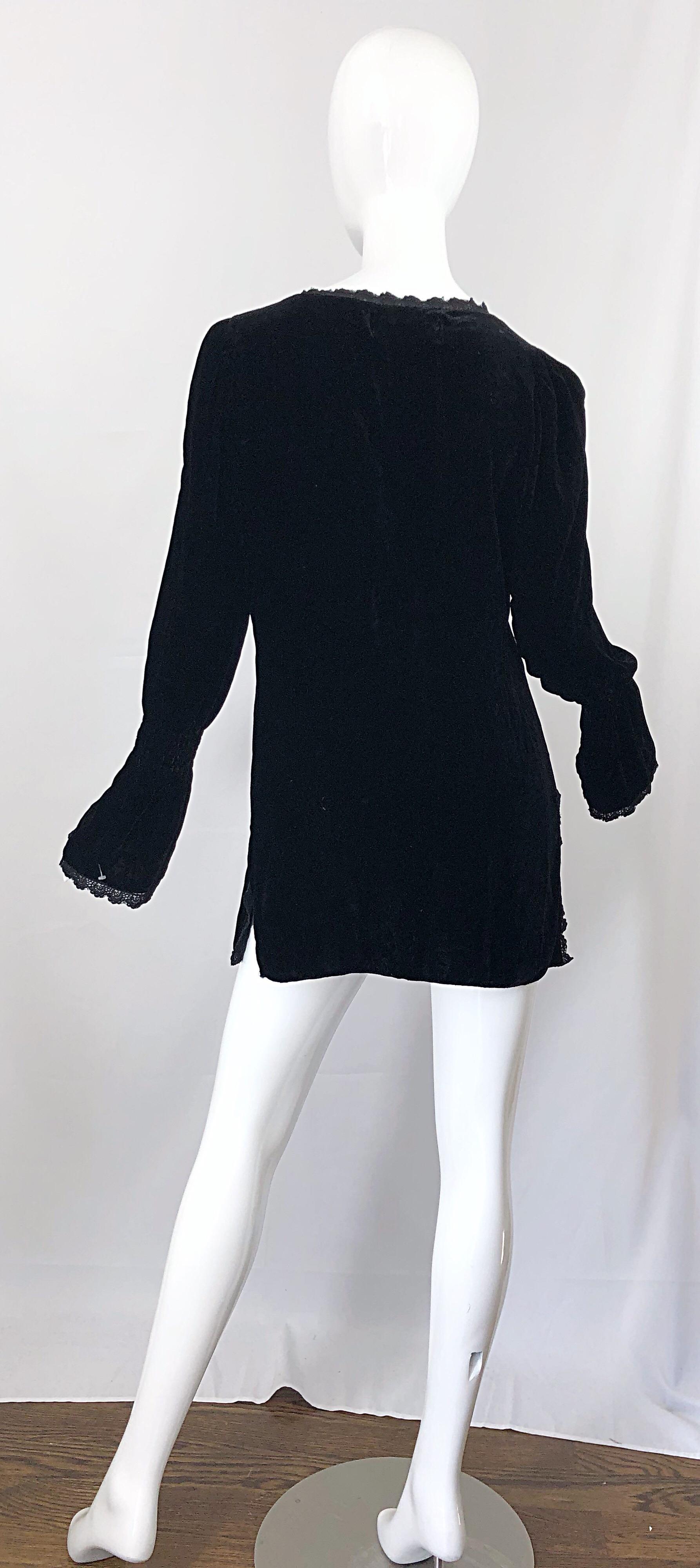 1990s Liz Jacobsson Paris Black Silk Velvet Poet Sleeve Tunic Top 90s Mini Dress 1
