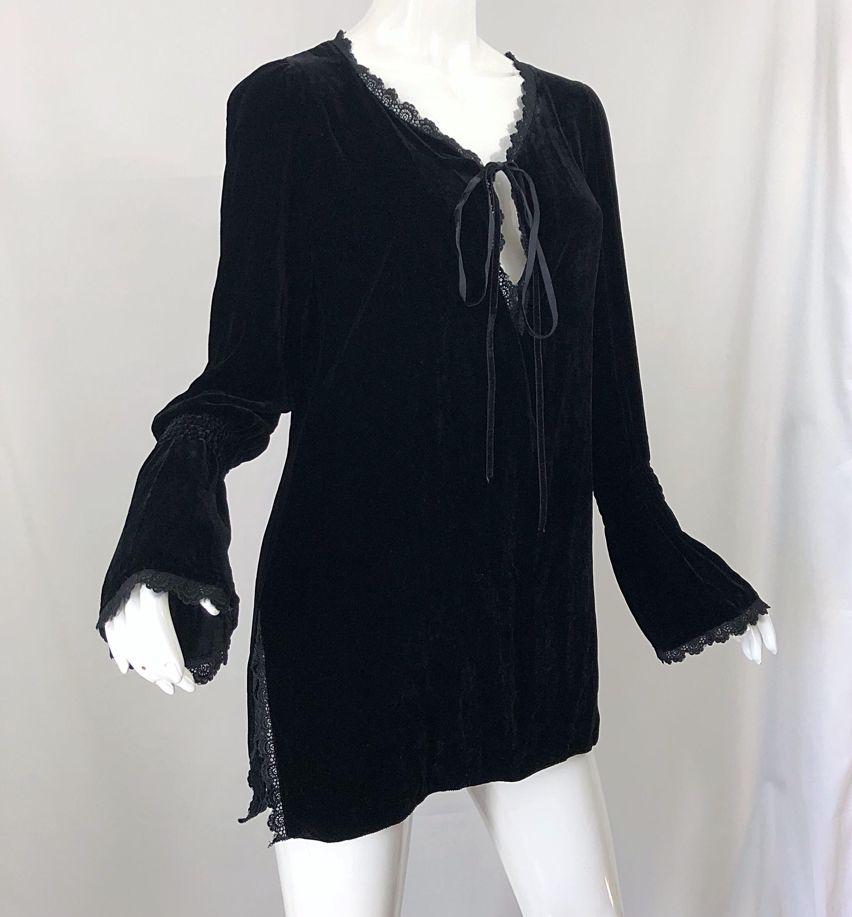 1990s Liz Jacobsson Paris Black Silk Velvet Poet Sleeve Tunic Top 90s Mini Dress 2