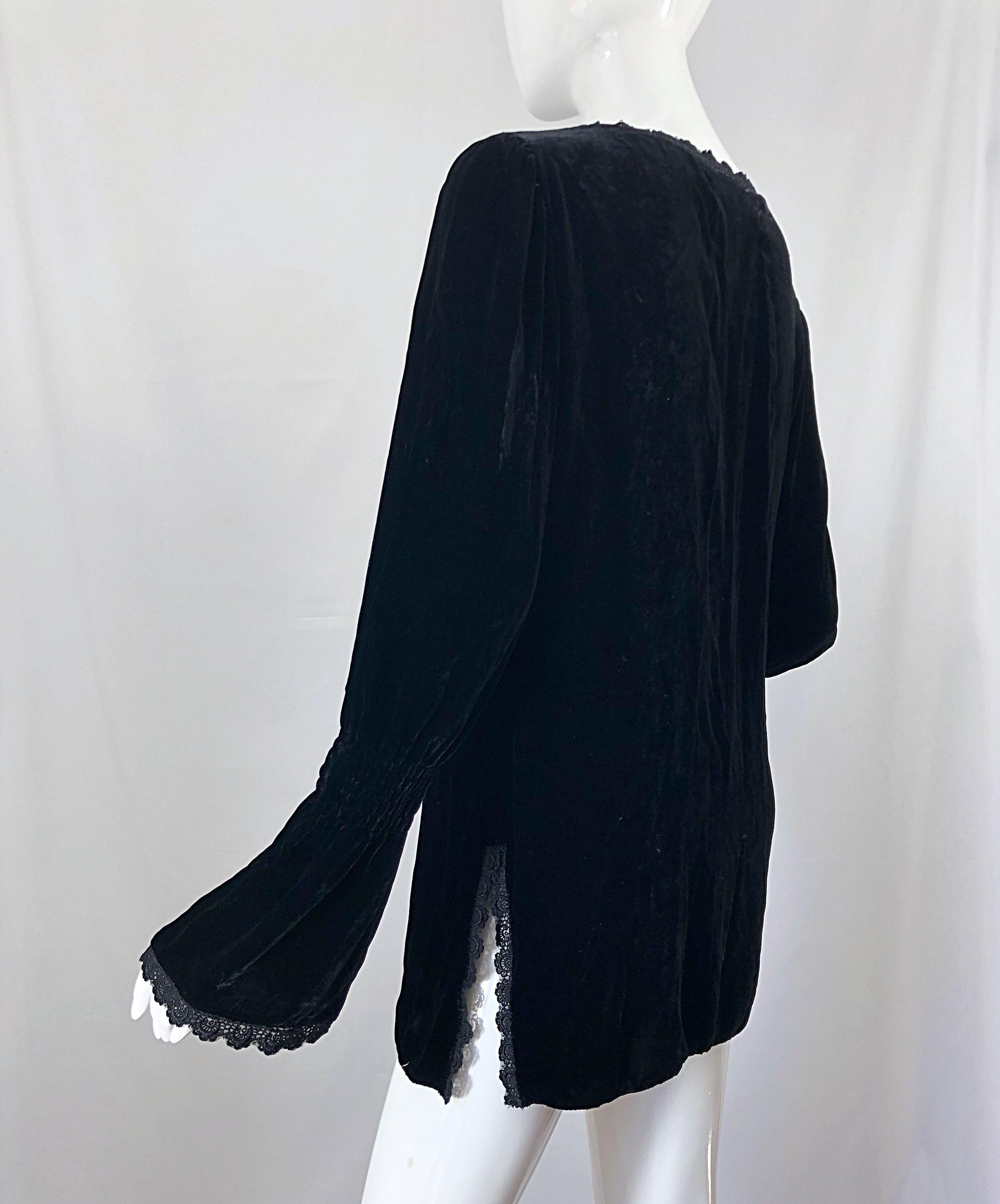 1990s Liz Jacobsson Paris Black Silk Velvet Poet Sleeve Tunic Top 90s Mini Dress 3