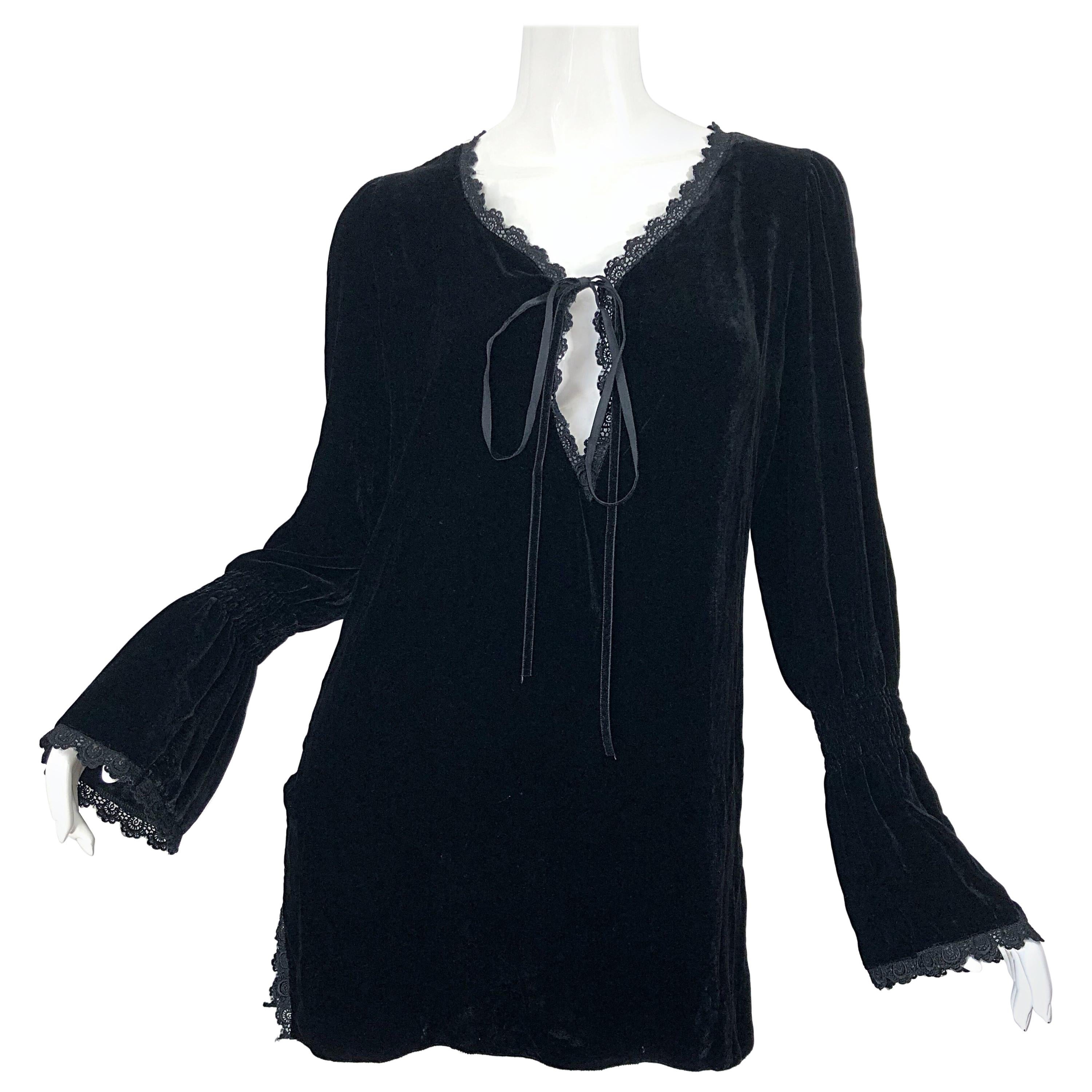 1990s Liz Jacobsson Paris Black Silk Velvet Poet Sleeve Tunic Top 90s Mini Dress
