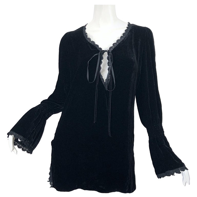 1990s Liz Jacobsson Paris Black Silk Velvet Poet Sleeve Tunic Top 90s Mini Dress For Sale