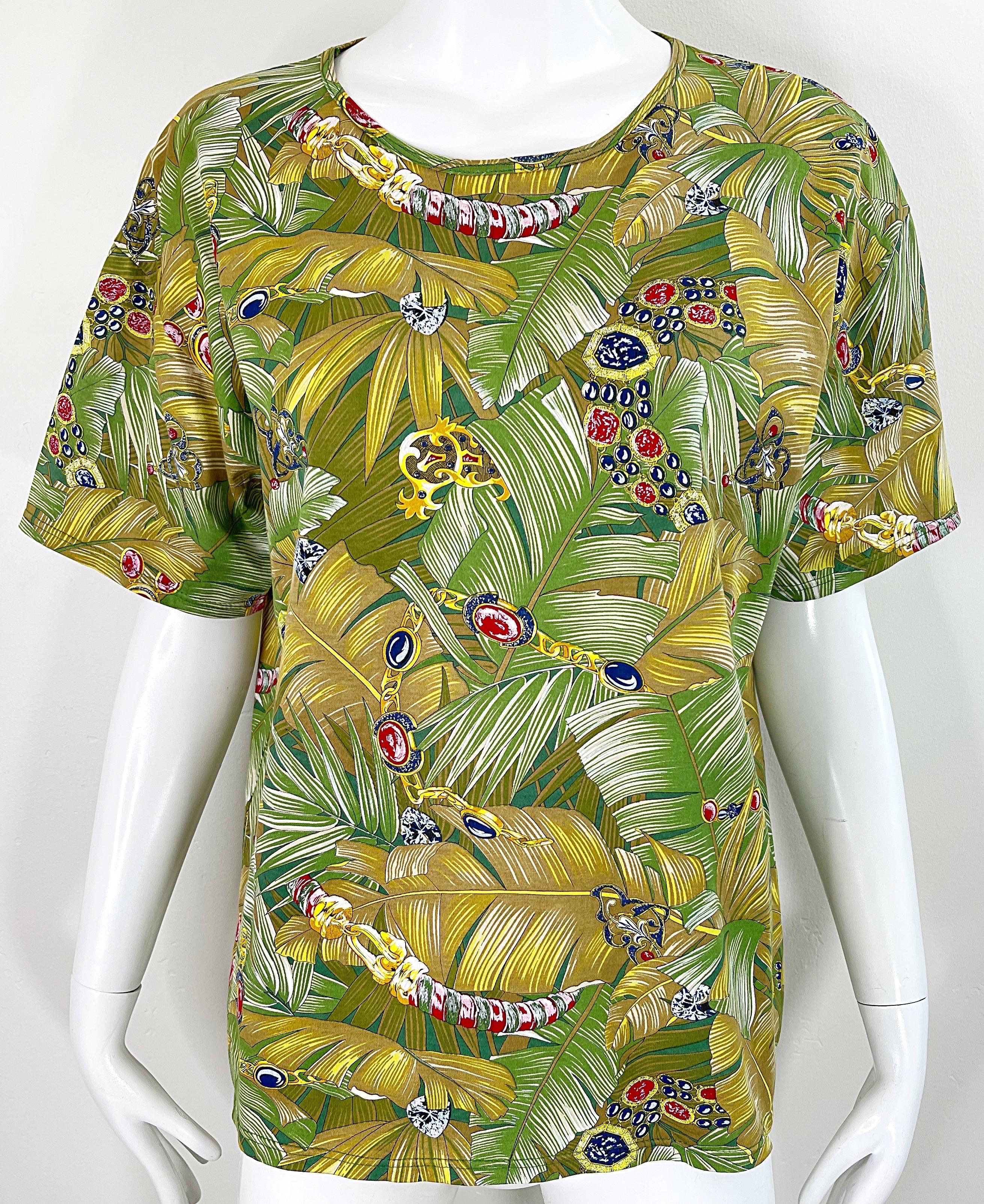1990s Loewe Novelty Jewels Charms Leaf Print Size Large Tee Cotton T - Shirt  For Sale 5