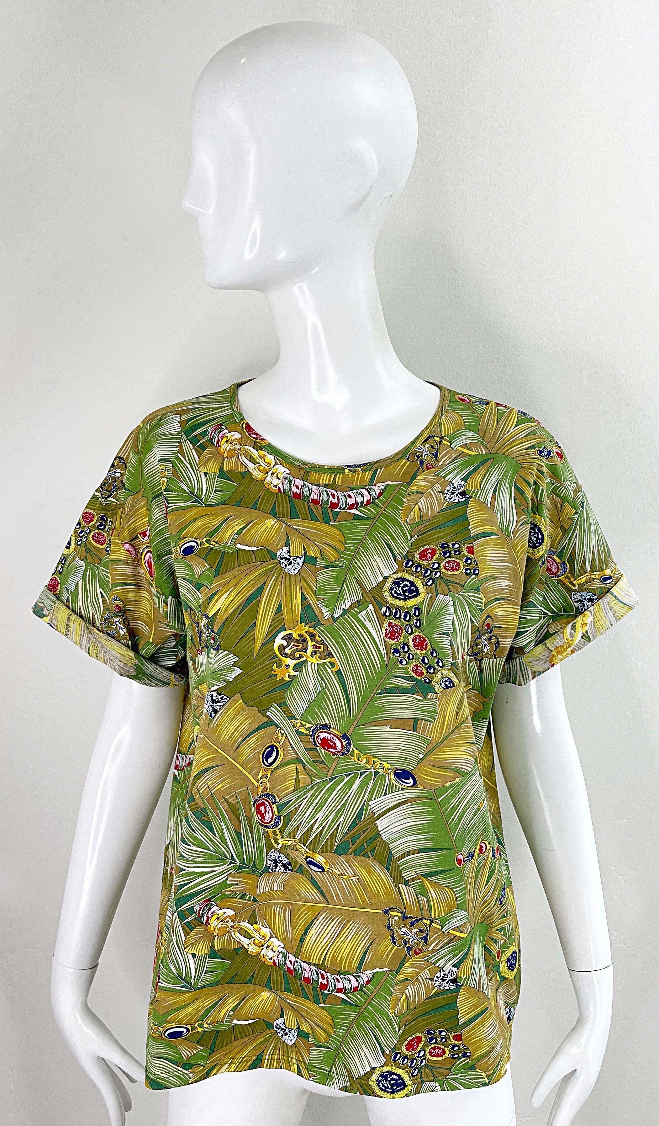 1990s Loewe Novelty Jewels Charms Leaf Print Size Large Tee Cotton T - Shirt  For Sale 7