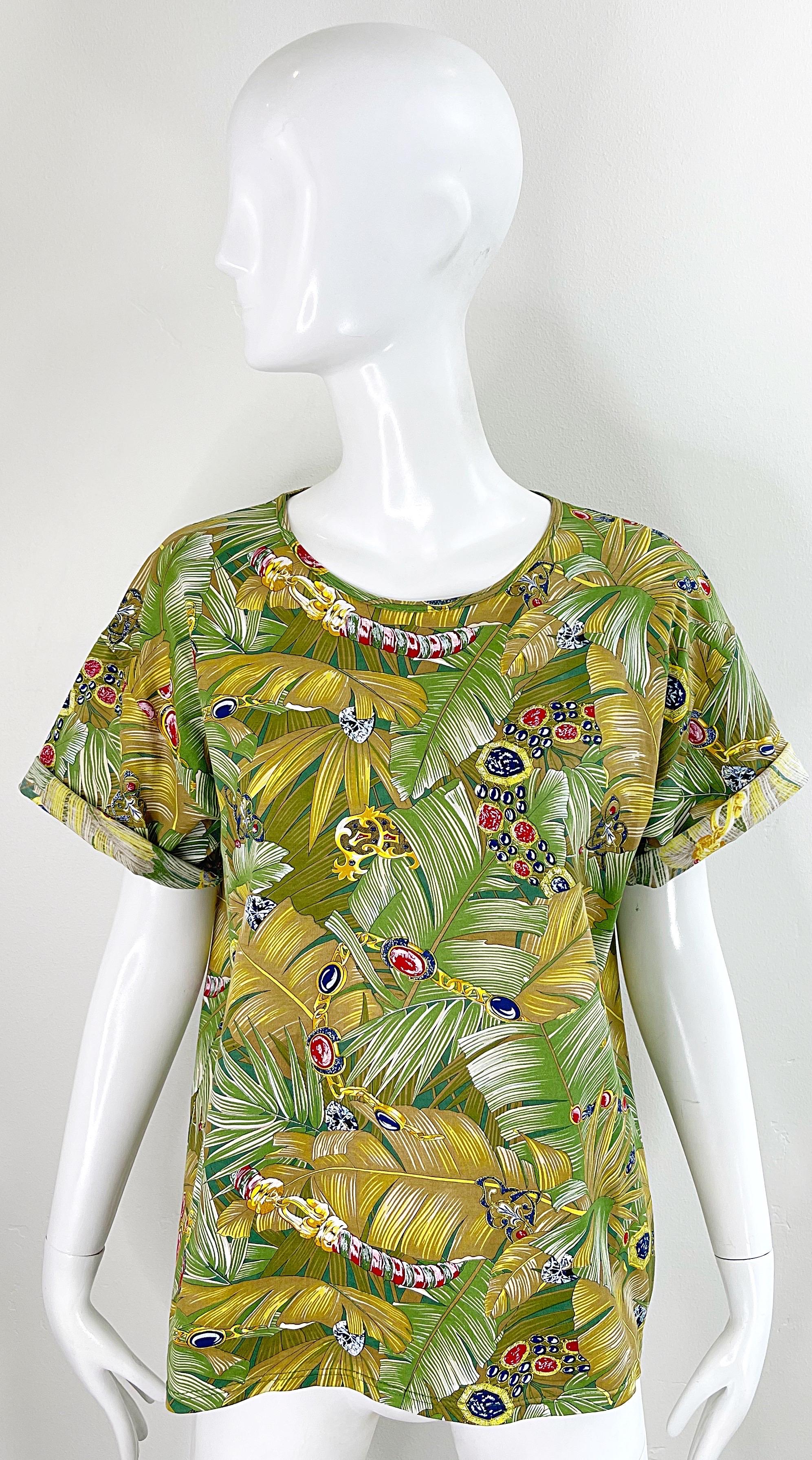 1990s Loewe Novelty Jewels Charms Leaf Print Size Large Tee Cotton T - Shirt  For Sale 10