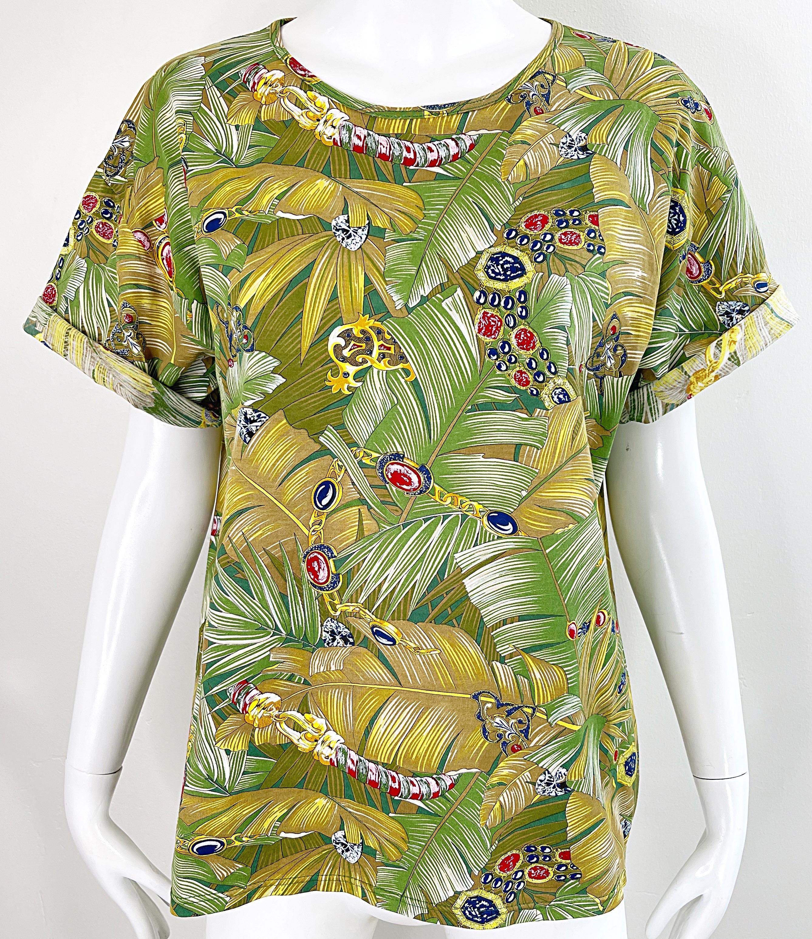 1990s Loewe Novelty Jewels Charms Leaf Print Size Large Tee Cotton T - Shirt  For Sale 12
