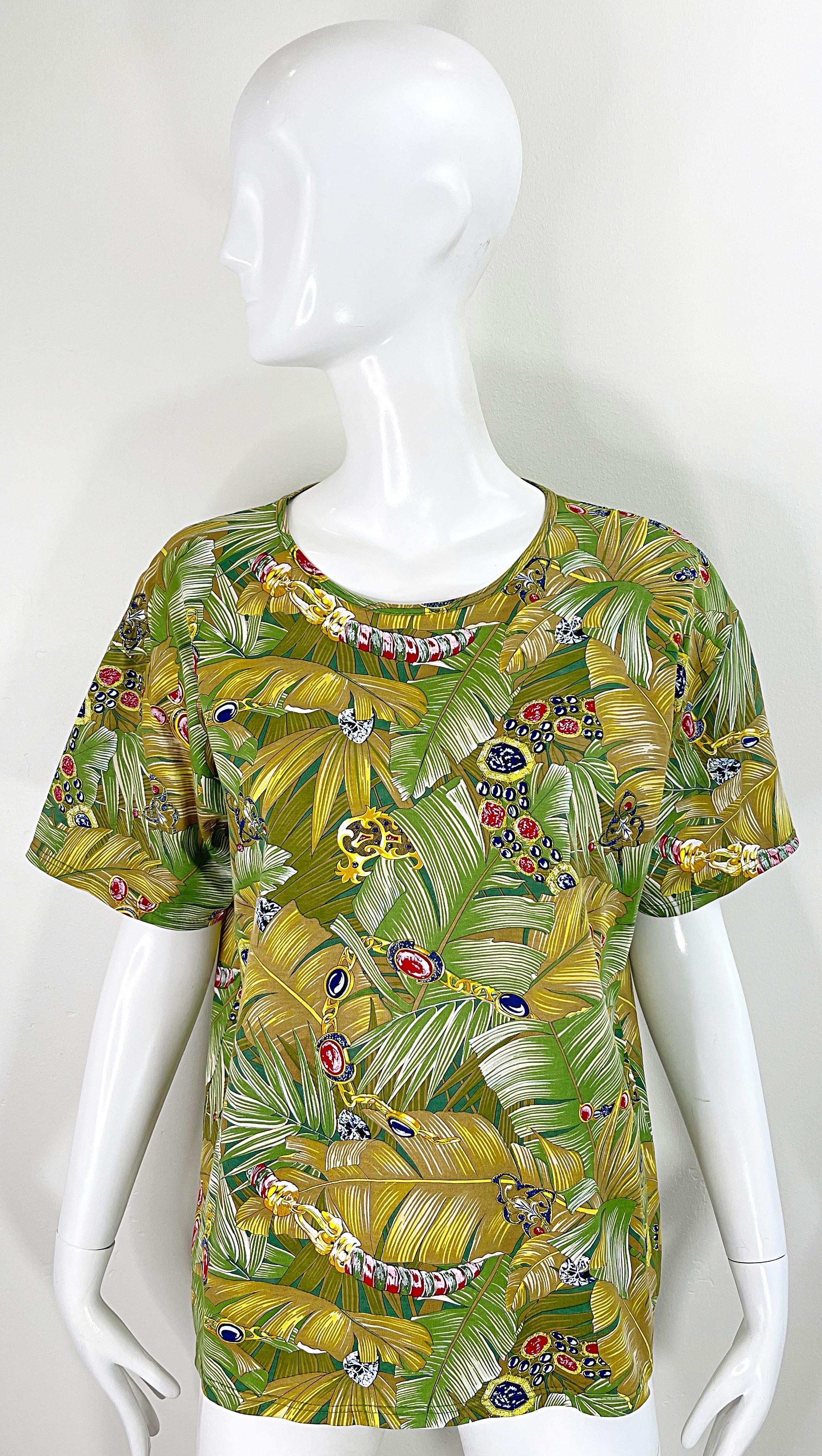 1990s Loewe Novelty Jewels Charms Leaf Print Size Large Tee Cotton T - Shirt  For Sale 14