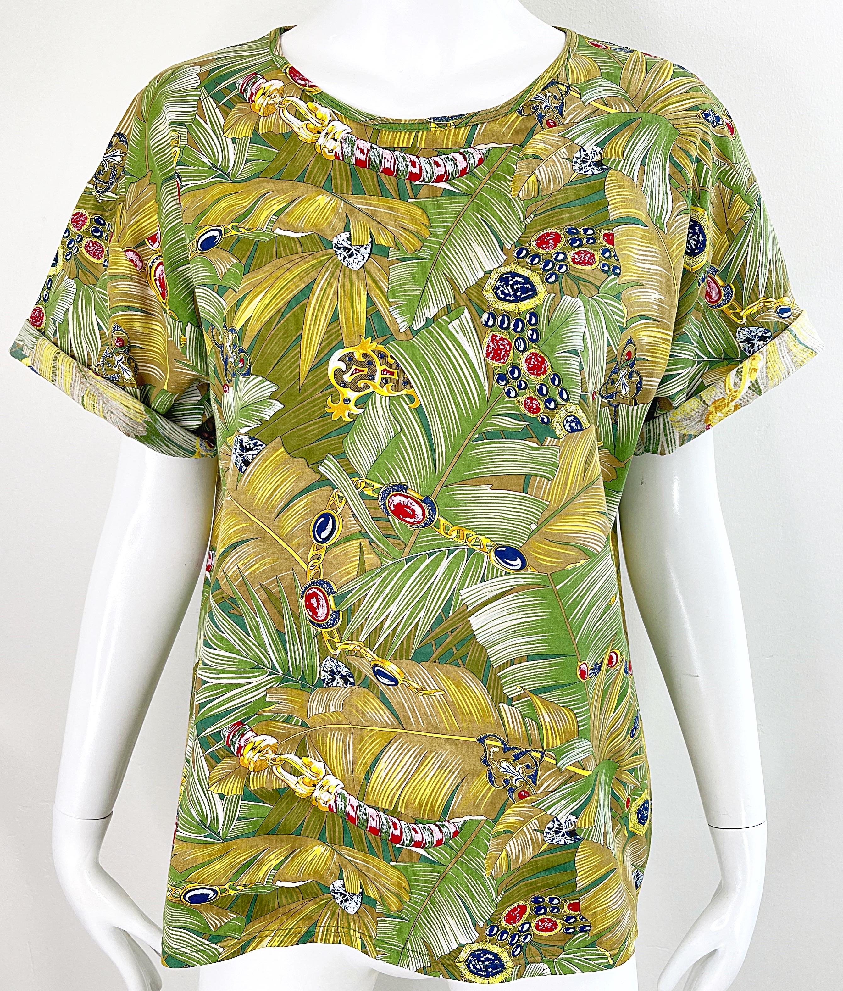 1990s Loewe Novelty Jewels Charms Leaf Print Size Large Tee Cotton T - Shirt  For Sale 1