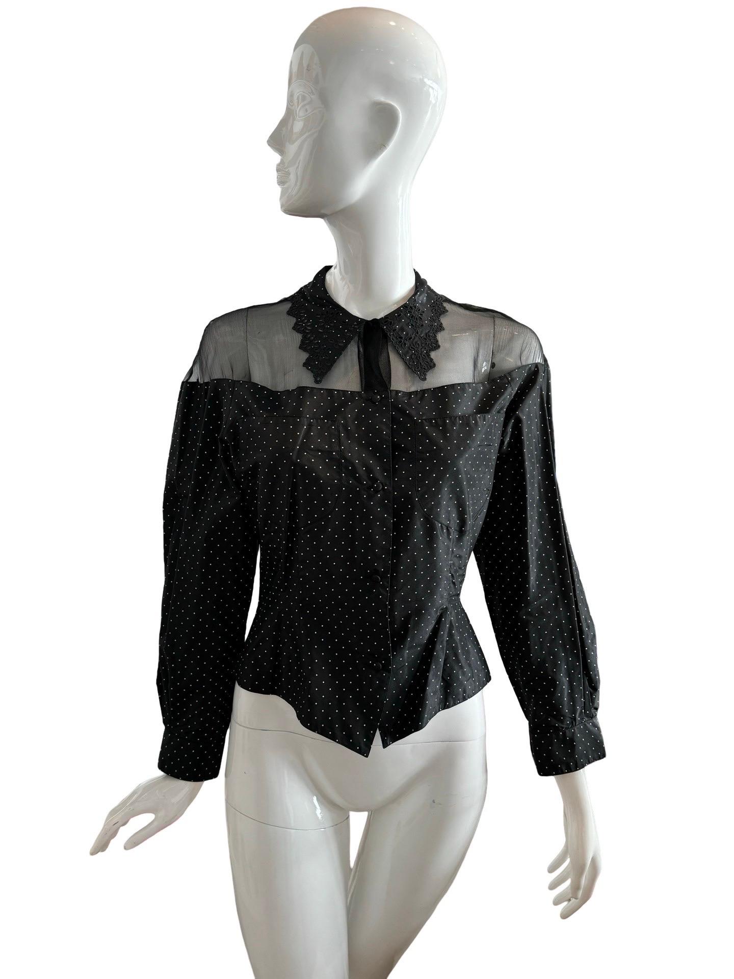 Such a special top!

1990s Lolita Lempicka button down blouse in a black and white polka dot taffeta/silk fabric, with a sheer chiffon silk panel over the shoulders and upper chest.  Then the collar is also in taffeta with broderie anglaise.  There