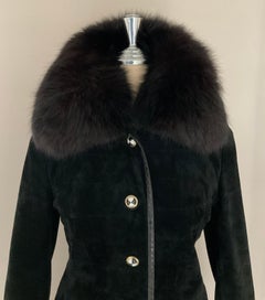 Vintage 1990s Women's Long Suede Coat with Fur Collar, Size 38, France