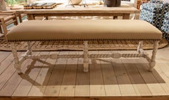 1990s Long Upholstered Bench with Turned Legs Carved in Rustic-Style Wood