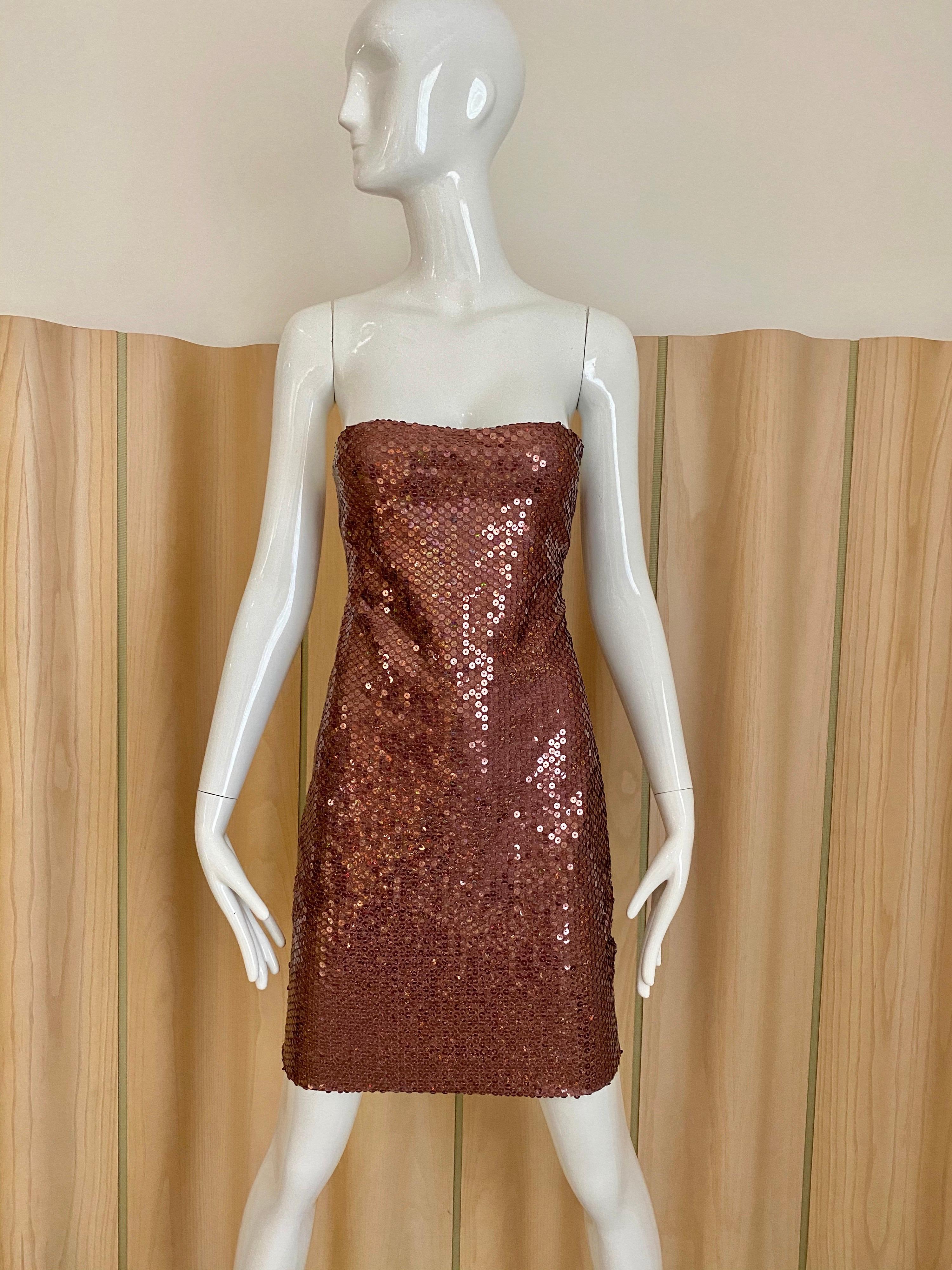 1990s Loris Azzaro brown sequin metallic strapless cocktail party dress.
fit size 4