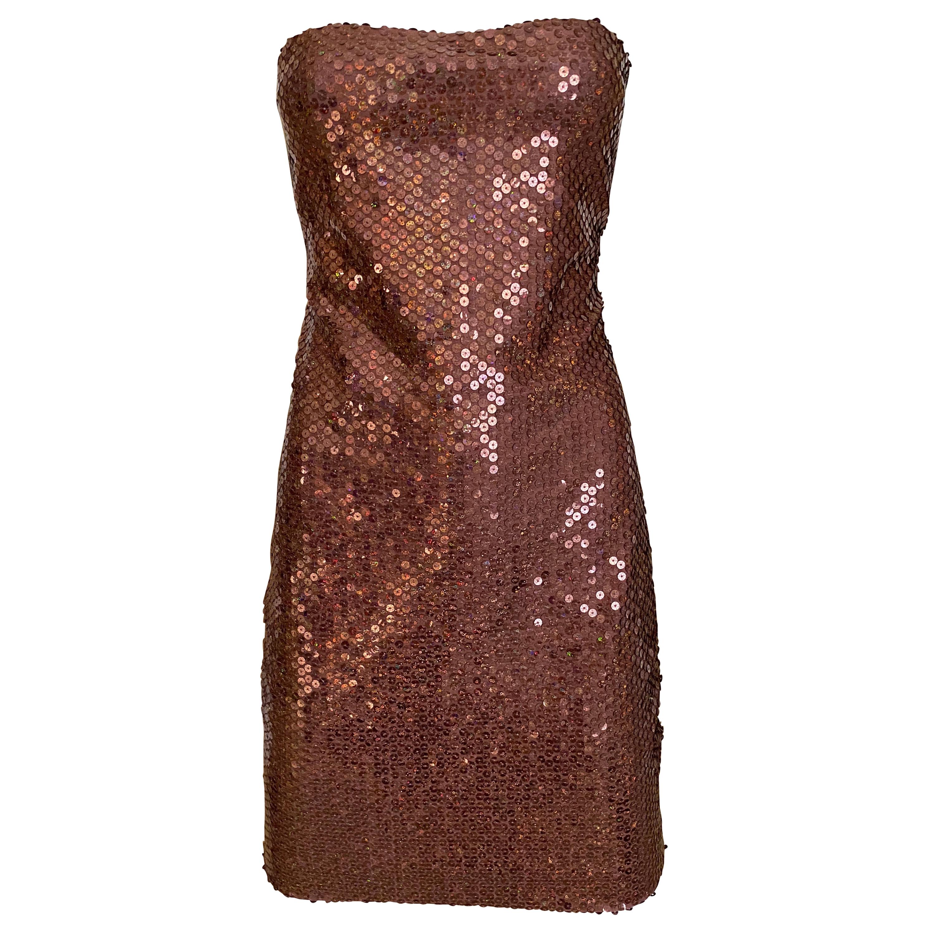 1990s Loris Azzaro Brown Sequin Strapless Cocktail Dress