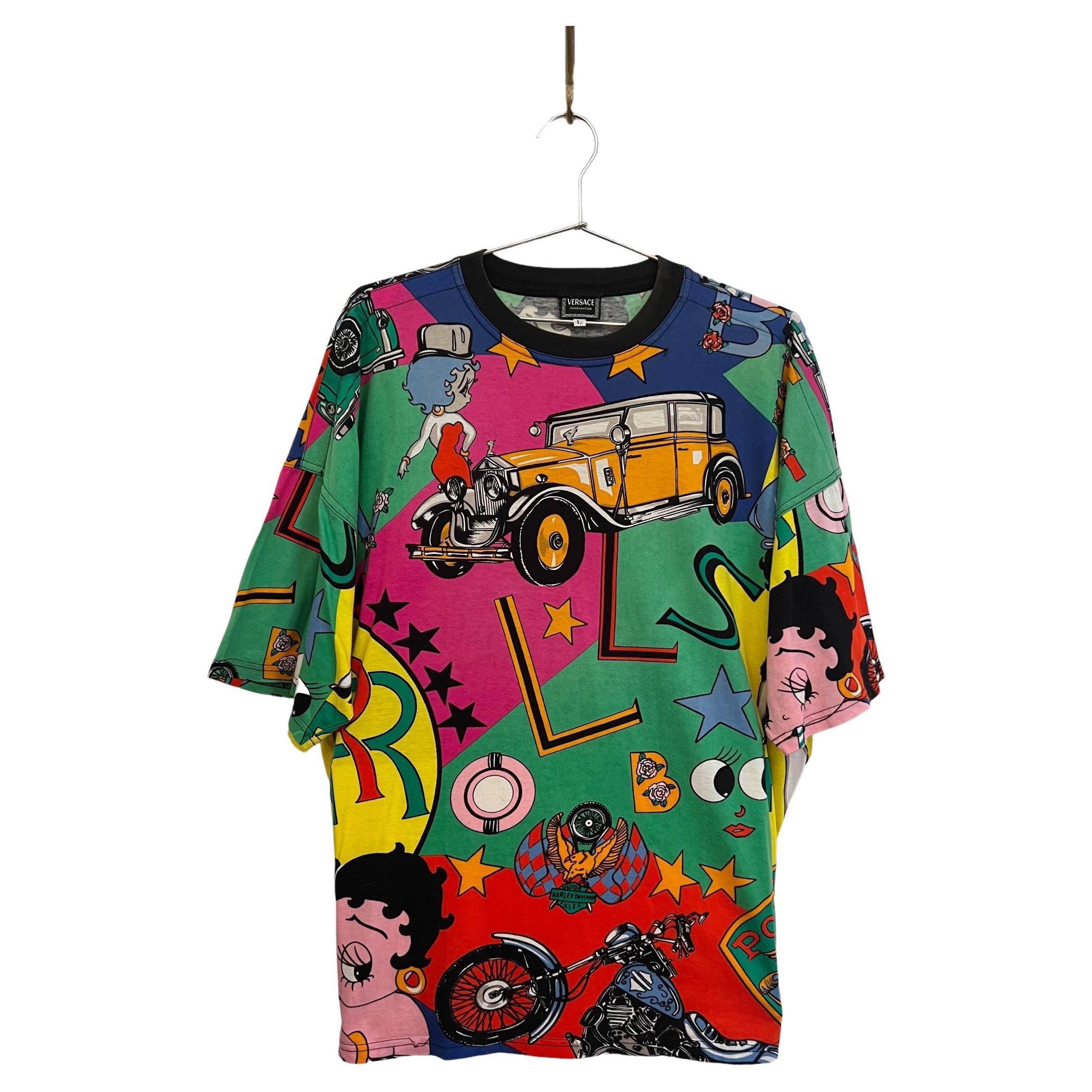 1990's Loud Vintage Gianni Versace Betty Boop Colourful Cartoon Pattern T-Shirt For Sale