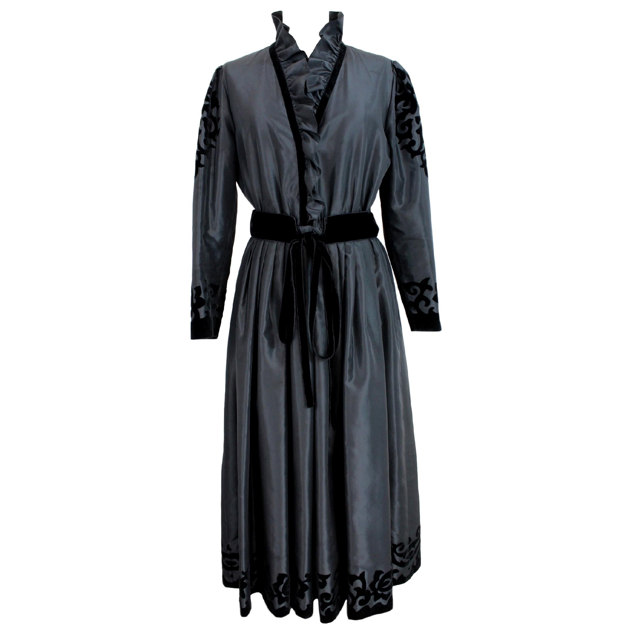 1990s Louis Feraud Black Cerimony Floral Velvet Vintage Long Dress