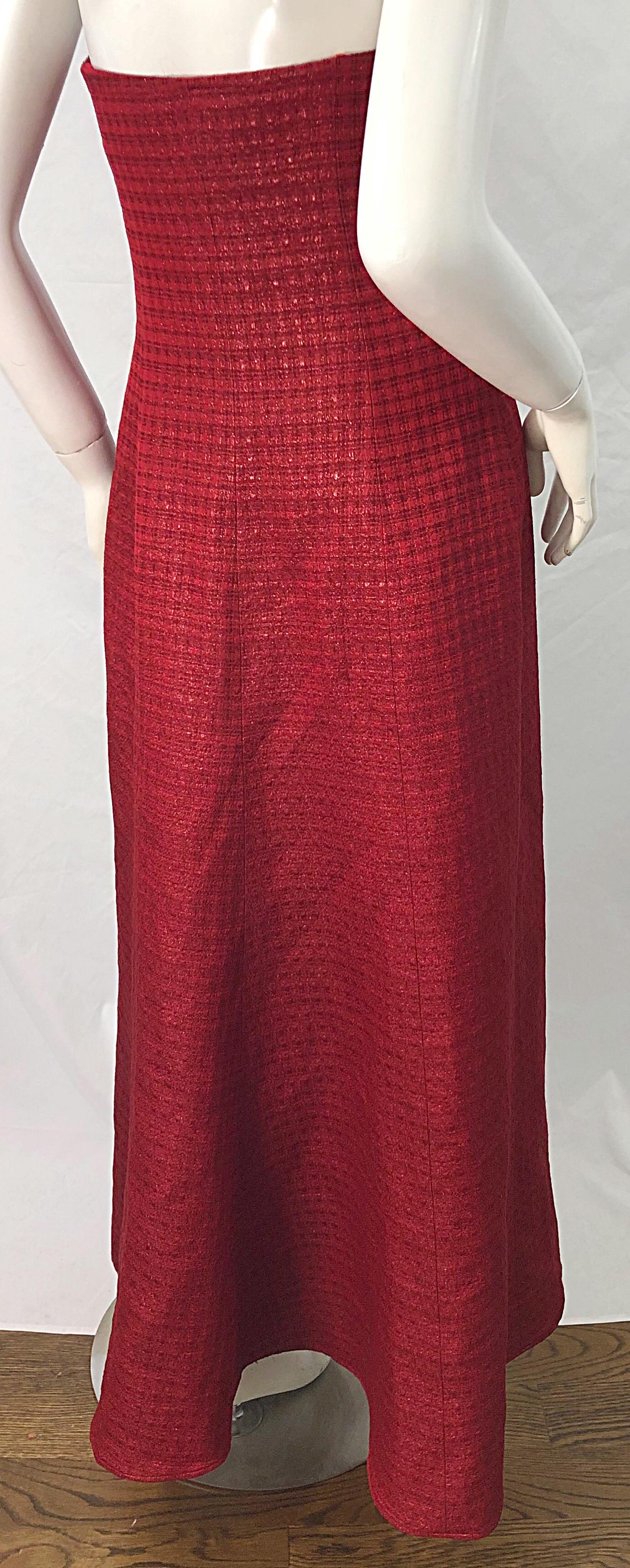 1990s Louis Feraud Cranberry Red Strapless Vintage 90s Silk + Wool Gown Dress For Sale 4