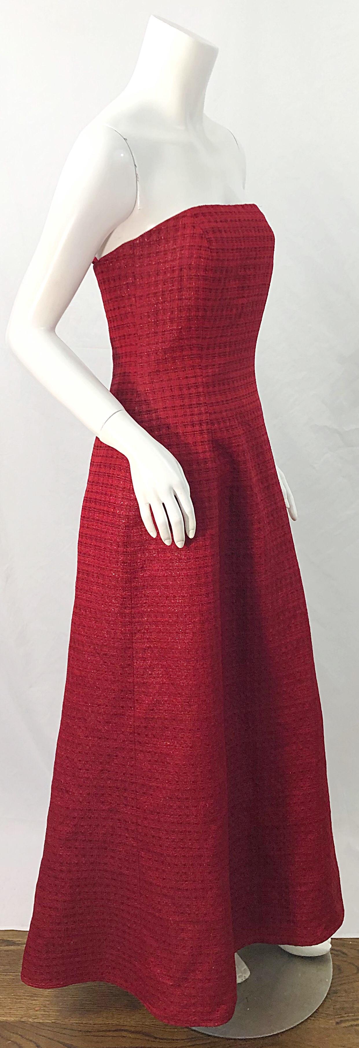 1990s Louis Feraud Cranberry Red Strapless Vintage 90s Silk + Wool Gown Dress For Sale 5
