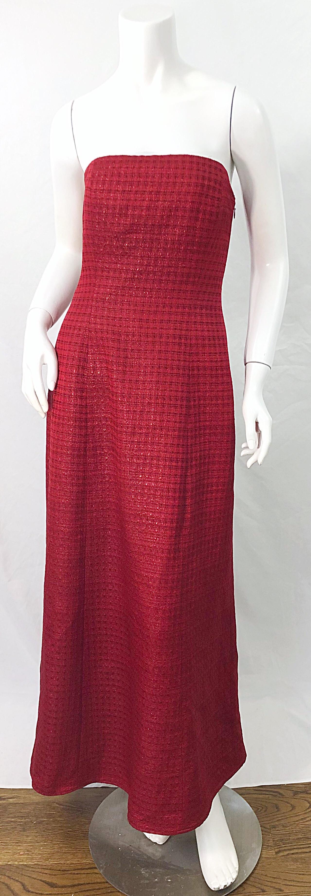 1990s Louis Feraud Cranberry Red Strapless Vintage 90s Silk + Wool Gown Dress For Sale 6