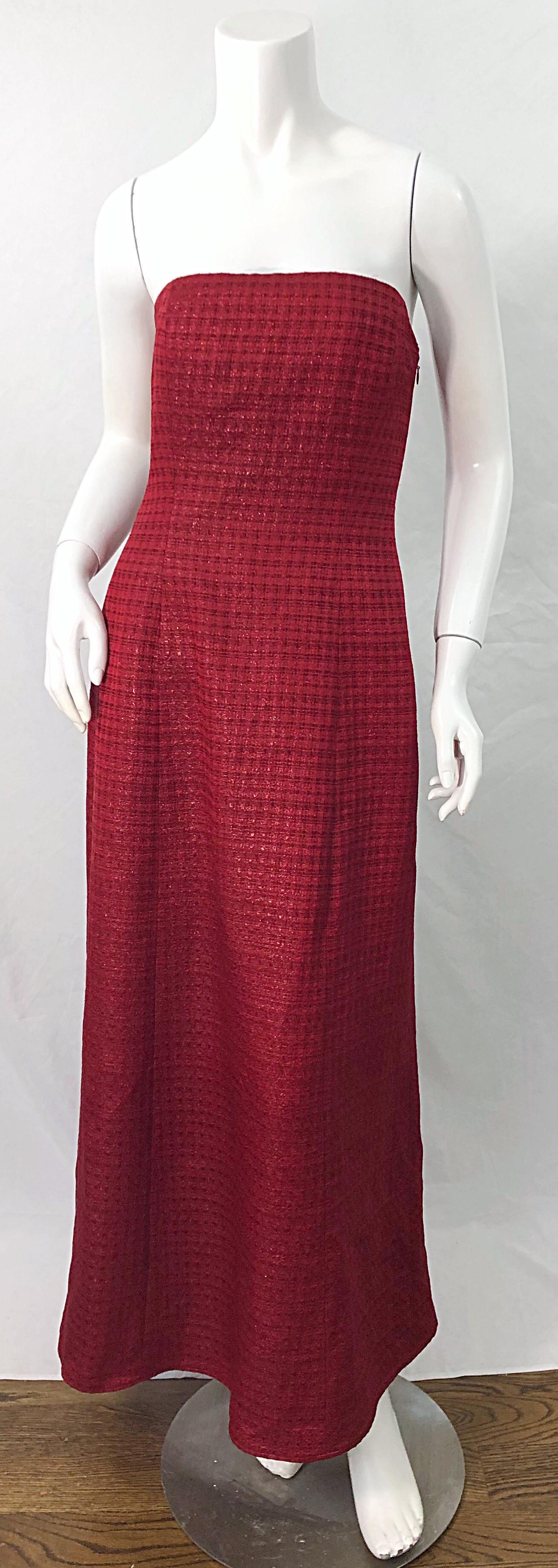 Stunning 1990s LOUIS FERAUD cranberry red silk and wool strapless evening gown ! Features a warm cranberry color with a slightly iridescent woven checkered print. Fully lined. Hidden zipper up the side with hook-and-eye closure. Interior boned