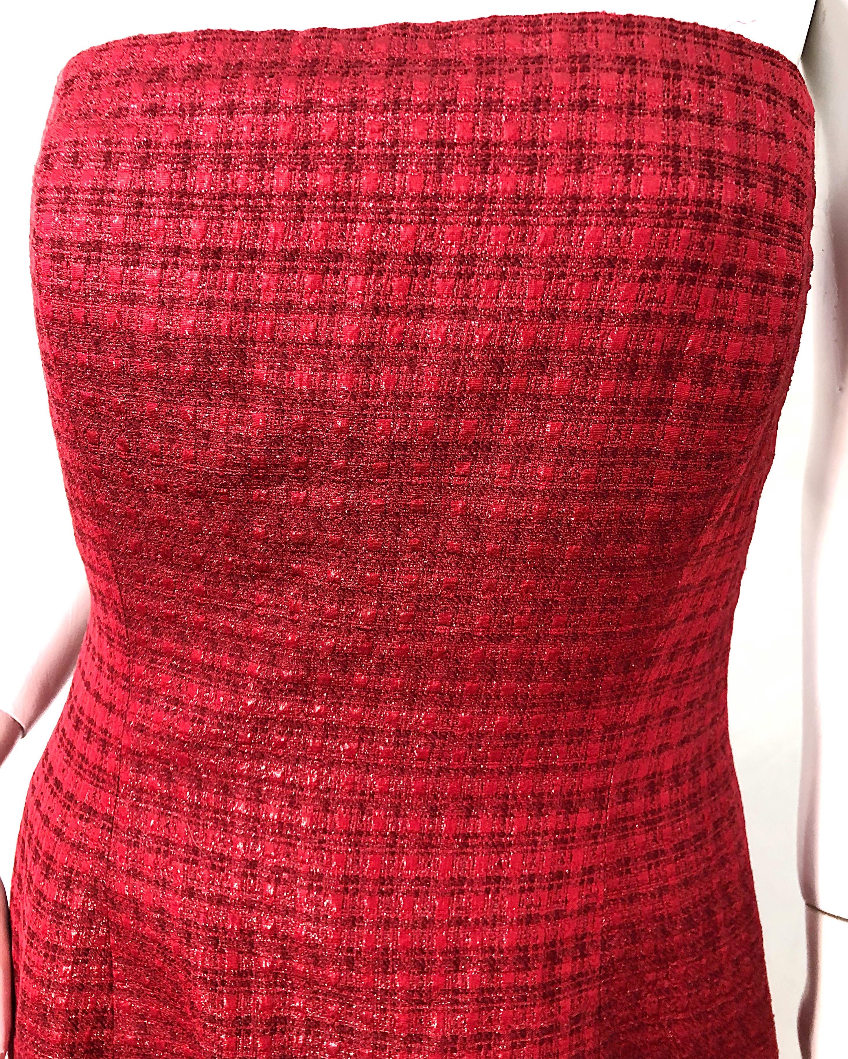 1990s Louis Feraud Cranberry Red Strapless Vintage 90s Silk + Wool Gown Dress In Excellent Condition For Sale In San Diego, CA