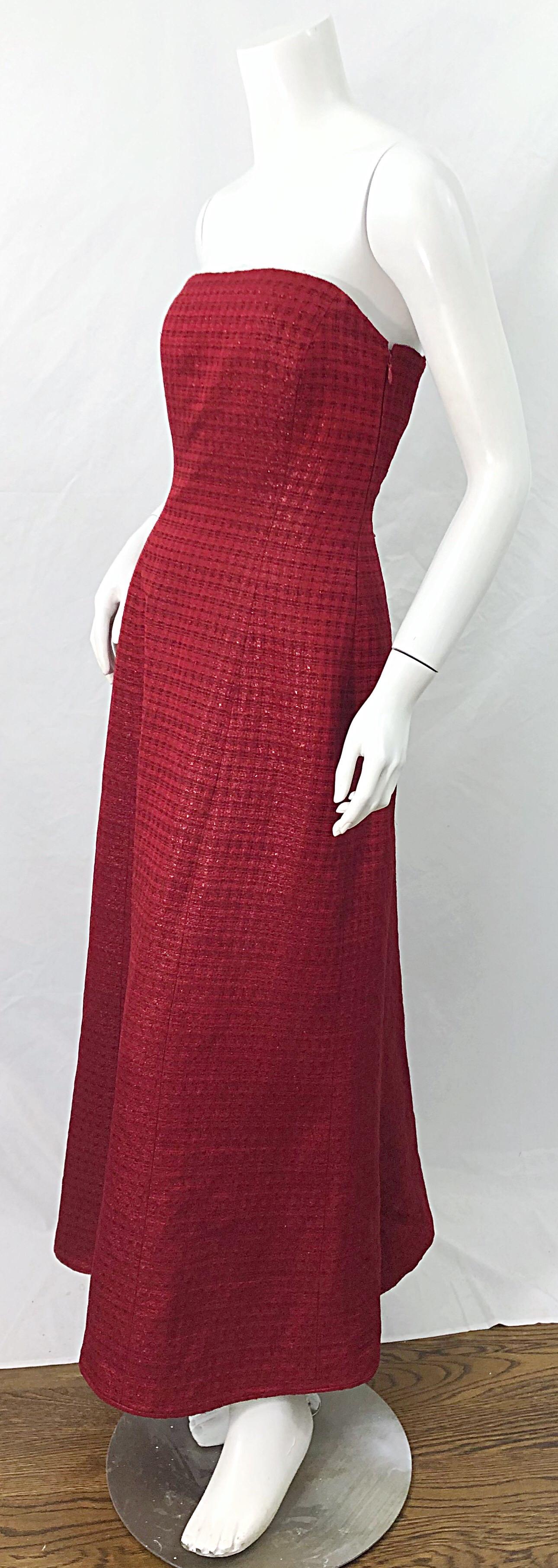 Women's 1990s Louis Feraud Cranberry Red Strapless Vintage 90s Silk + Wool Gown Dress For Sale