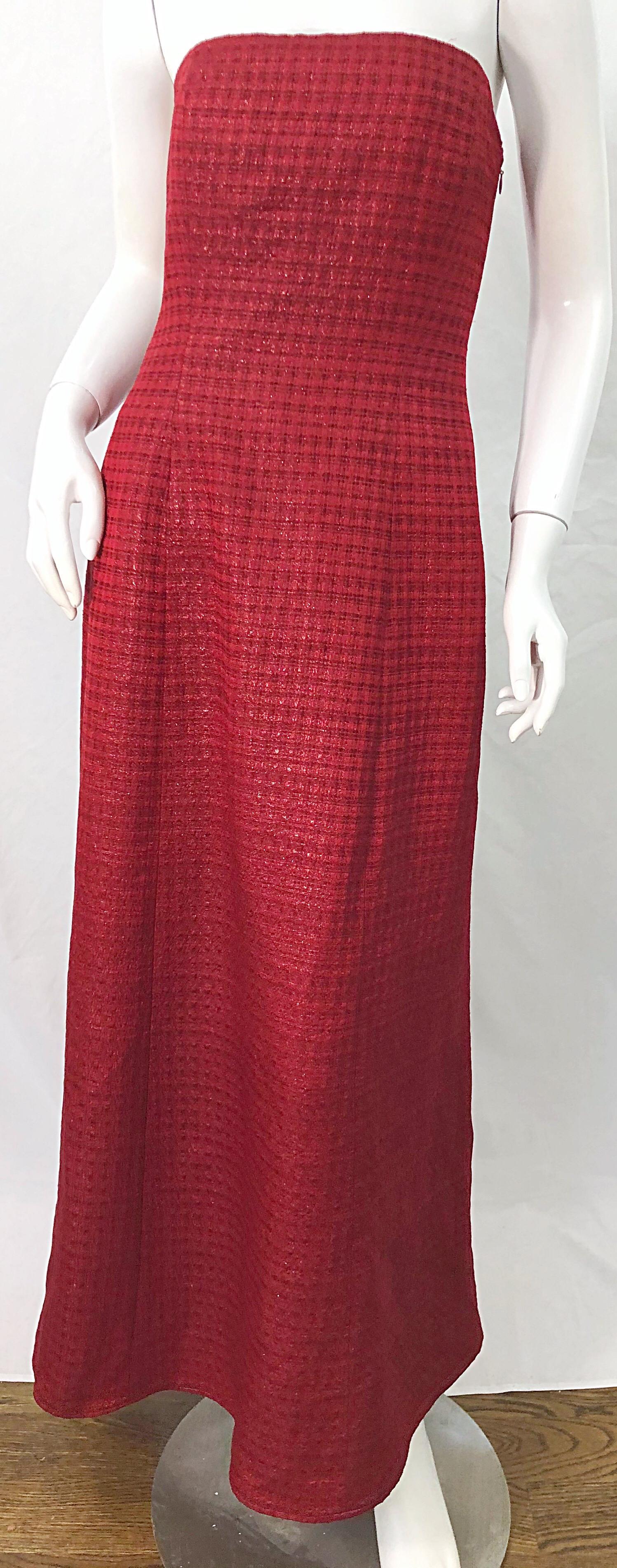 1990s Louis Feraud Cranberry Red Strapless Vintage 90s Silk + Wool Gown Dress For Sale 1