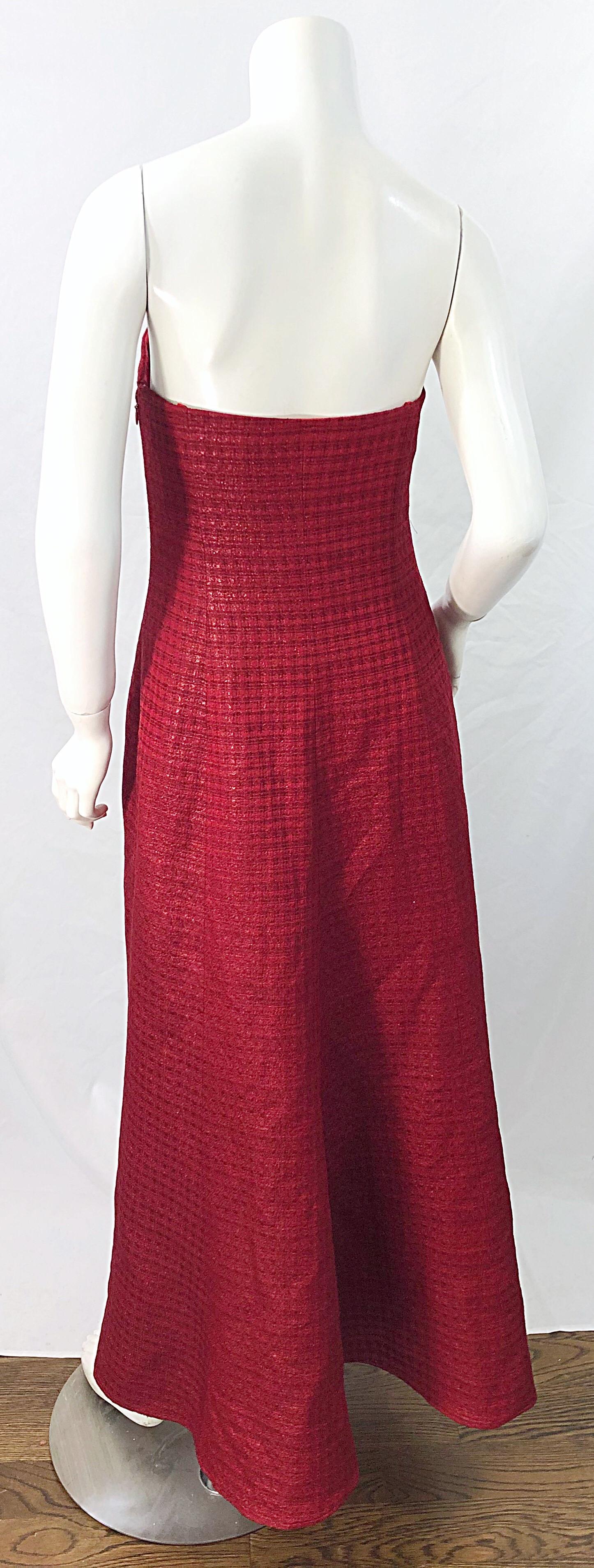 1990s Louis Feraud Cranberry Red Strapless Vintage 90s Silk + Wool Gown Dress For Sale 2