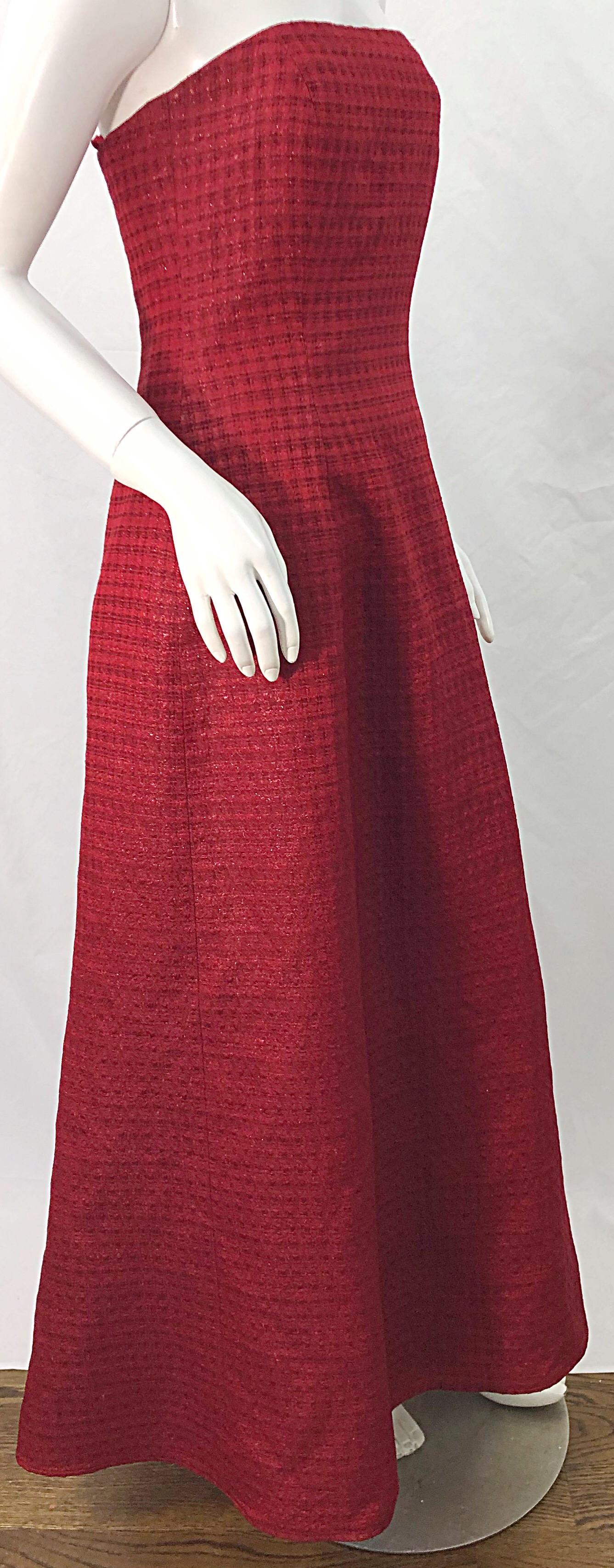 1990s Louis Feraud Cranberry Red Strapless Vintage 90s Silk + Wool Gown Dress For Sale 3