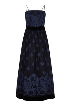1990s Louis Feraud Embroidered Blue Silk and Black Velvet Dress