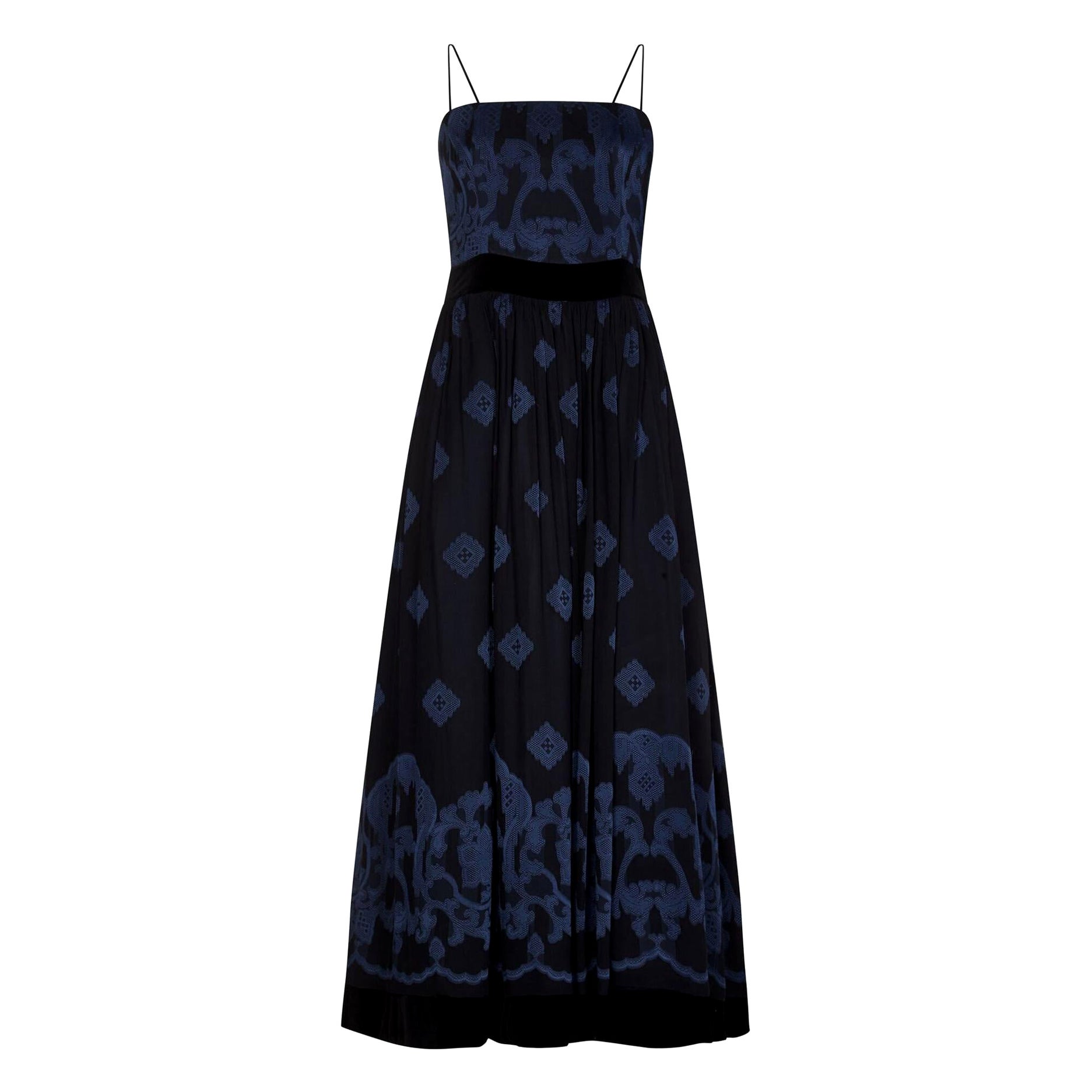 Abito anni '90 Louis Feraud in seta blu e velluto nero ricamato